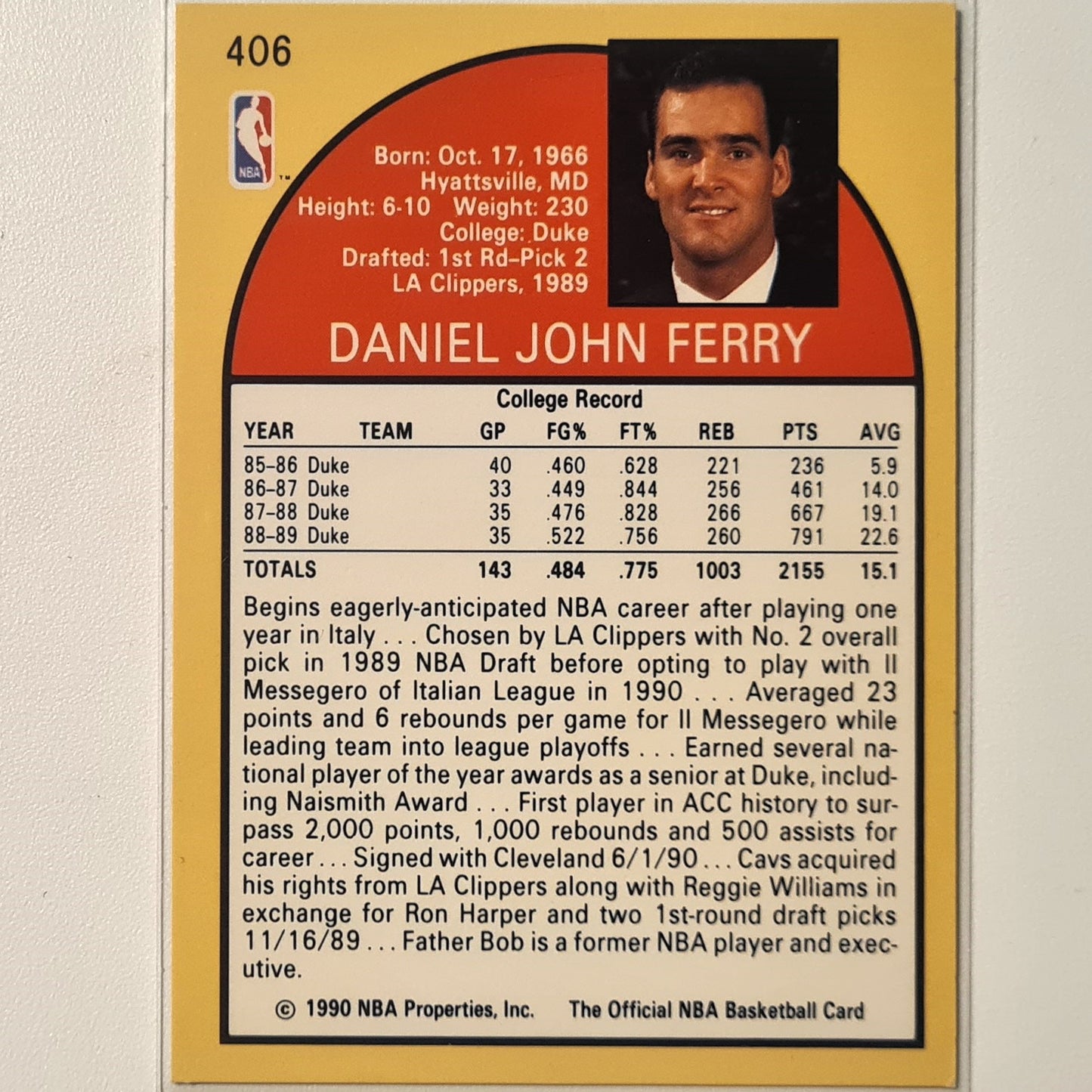 Danny Ferry 1990 NBA Hoops #406 NBA Basketball Cleveland Cavaliers very good Sleeved