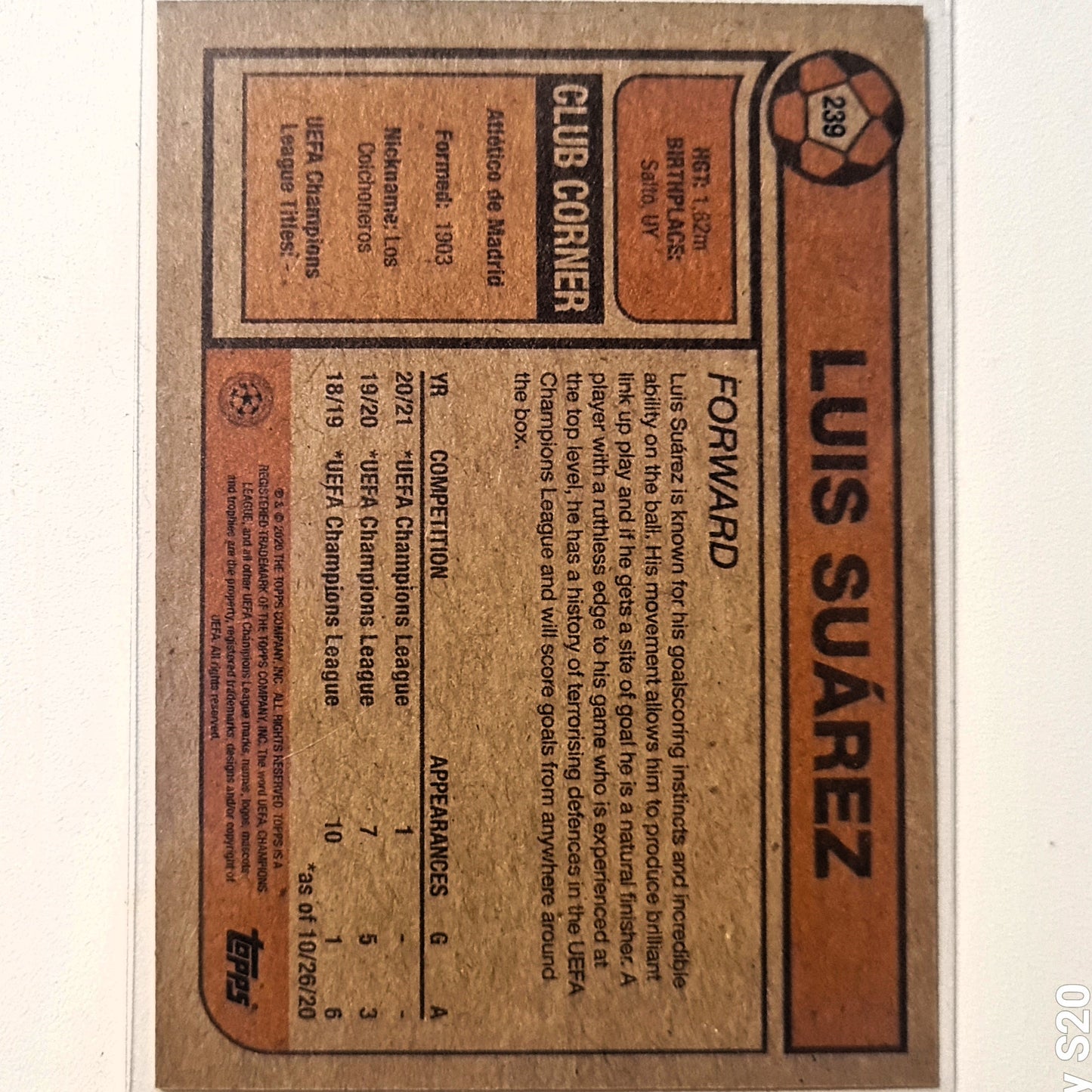 Luis Suarez 2020 Topps LIVING SET #239 Fußball Fußball Atletico Madrid Excellent/Mint Sleeved