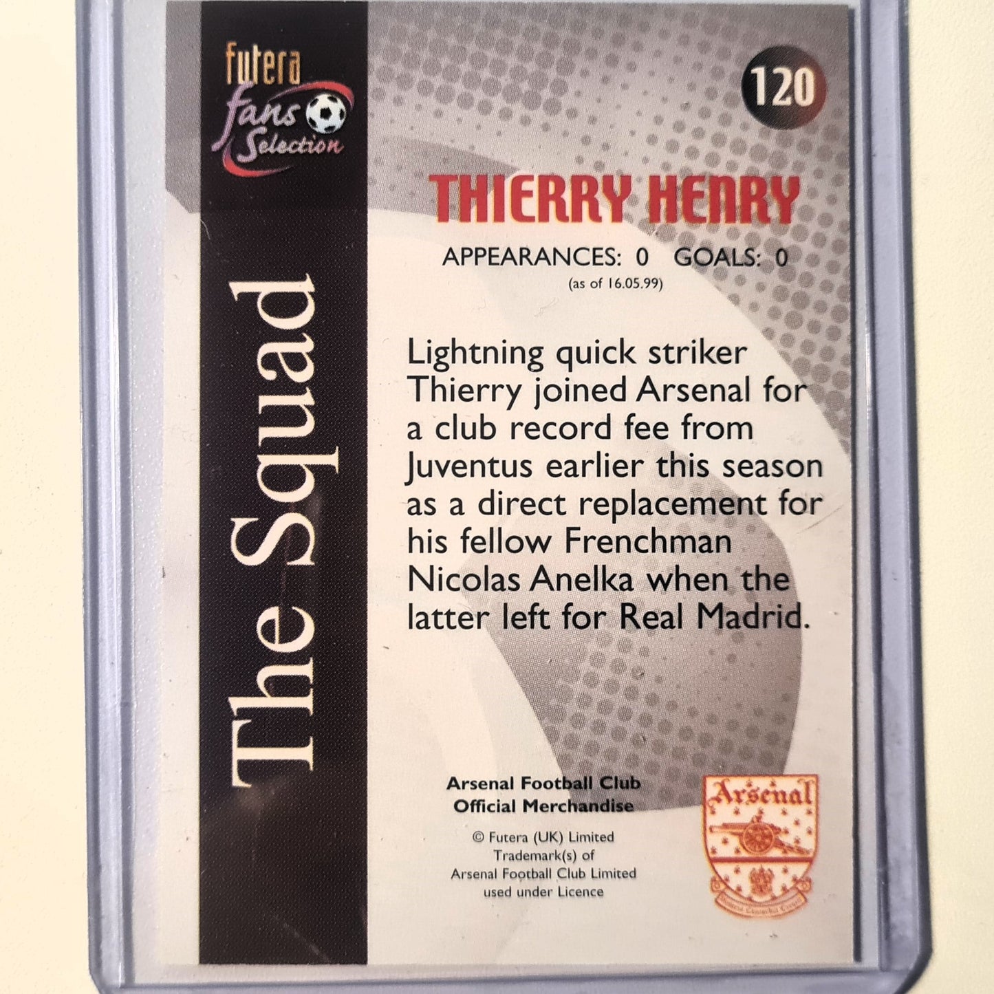 Thierry Henry 1999-2000 Futera Fans Selection Rookie RC The Squad #120 Soccer Football Arsenal excellent Sleeved