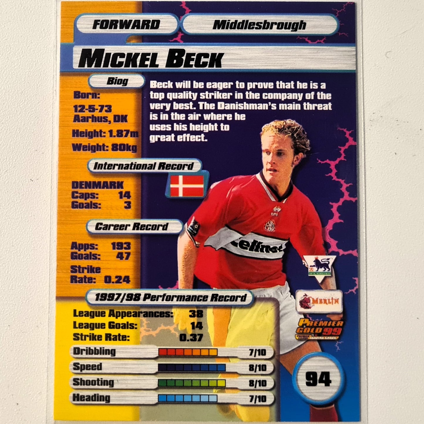 Mikkel Beck 1999 Merlin Premier Gold 99 #94 Soccer Football Middlesbrough excellent sleeved