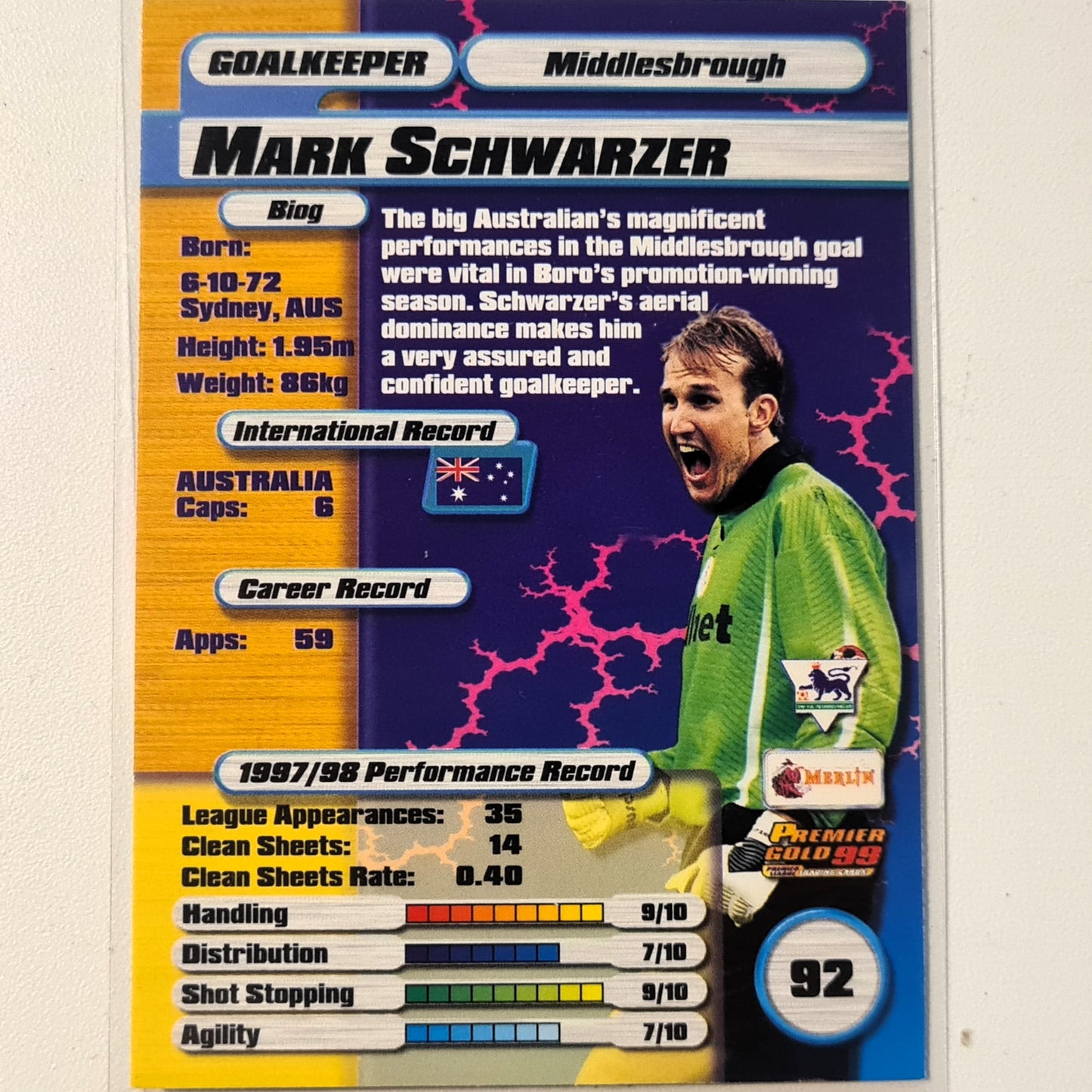 Mark Schwarzer 1999 Merlin Premier Gold 99 #92 Soccer Football Middlesbrough excellent sleeved