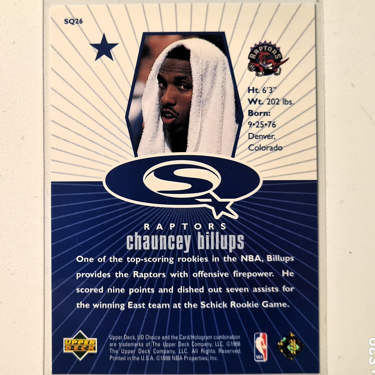 Chauncey Billups 1998 Upper-Deck SQ26 starquest Blue NBA Basketball Toronto Raptors Excellent sleeved