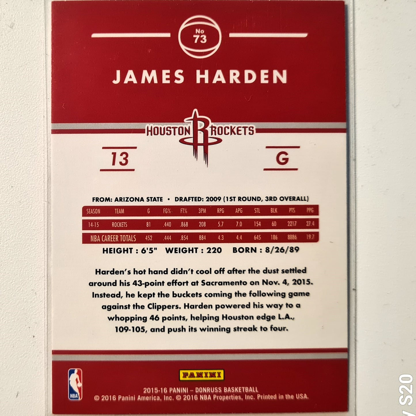 James Harden 2015-16 Panini Donruss #73 NBA Basketball Houston Rockets Excellent sleeved