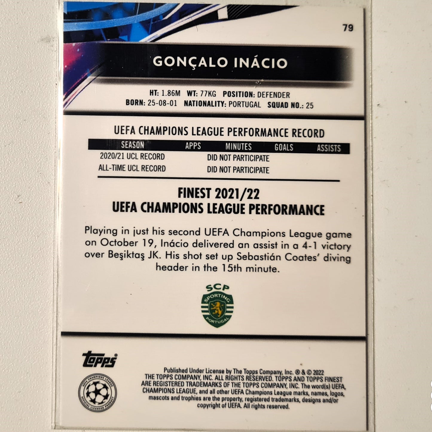 2022 Topps Finest Champions League Rookie RC #79 Soccer Football Sporting Portugal mint sleeved