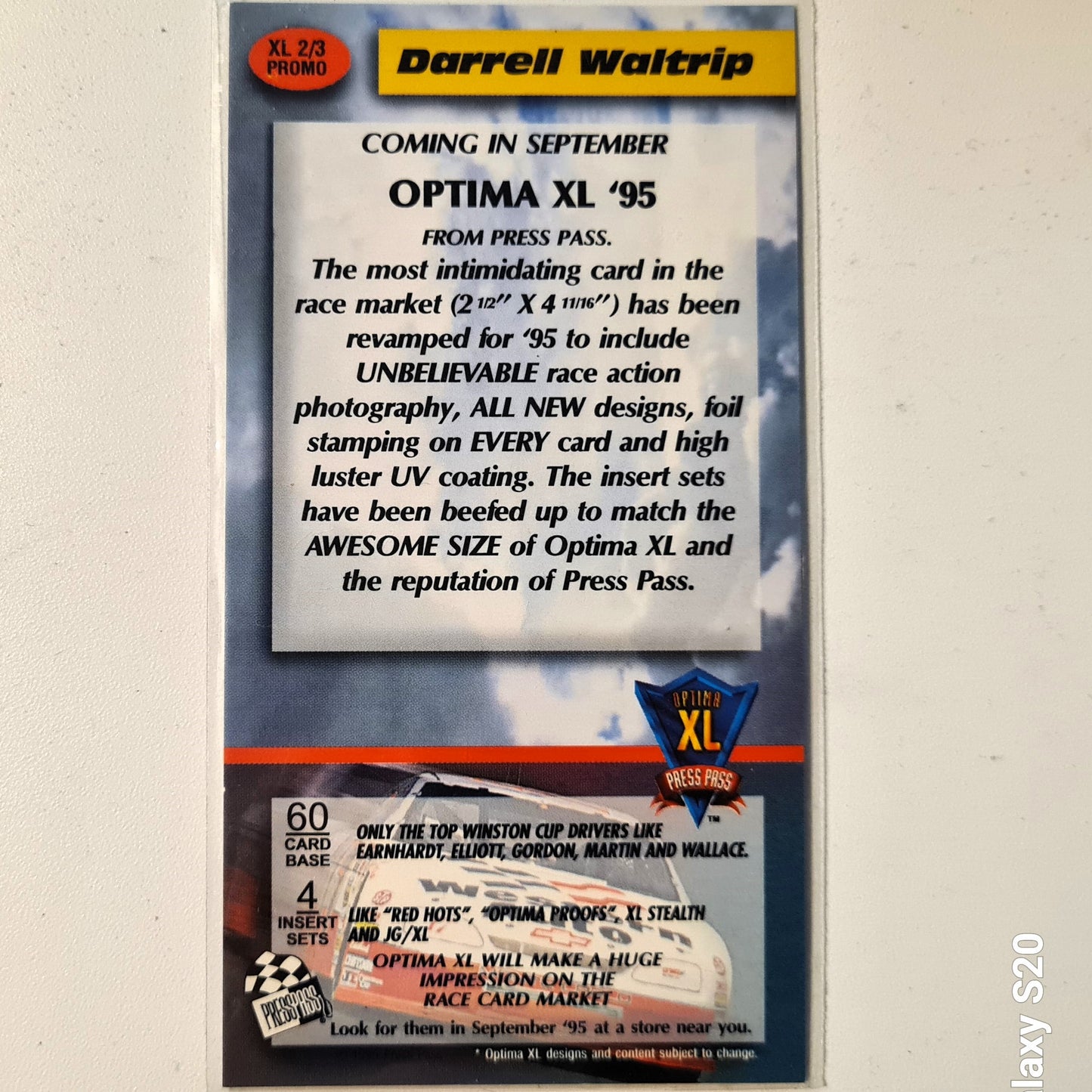 Darrel Waltrip 1995 press pass Optima XL 95 PROTOTYPE PROMO CARD #2/3 Nascar western auto 17 sleeved