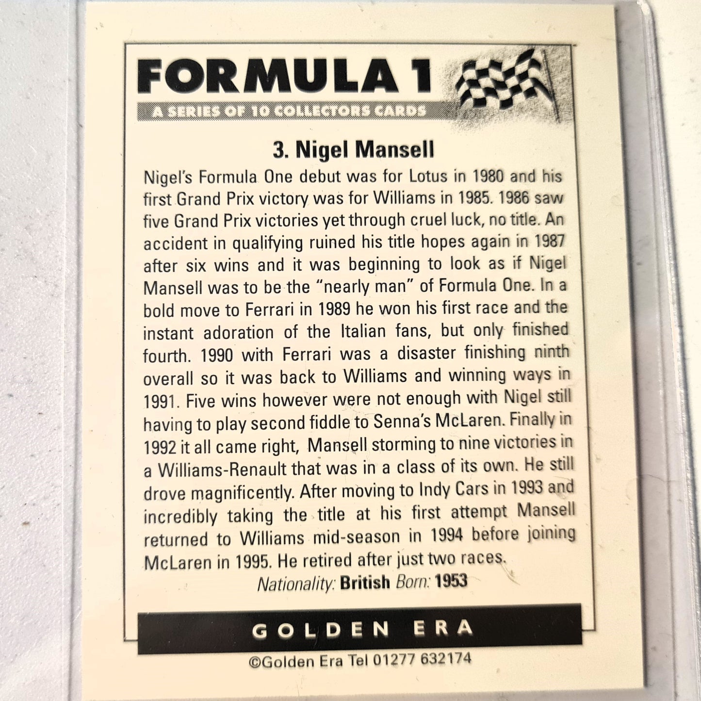 Nigel Mansell Golden Era Formula 1 #3 Renault Williams 90's Mint sleeved
