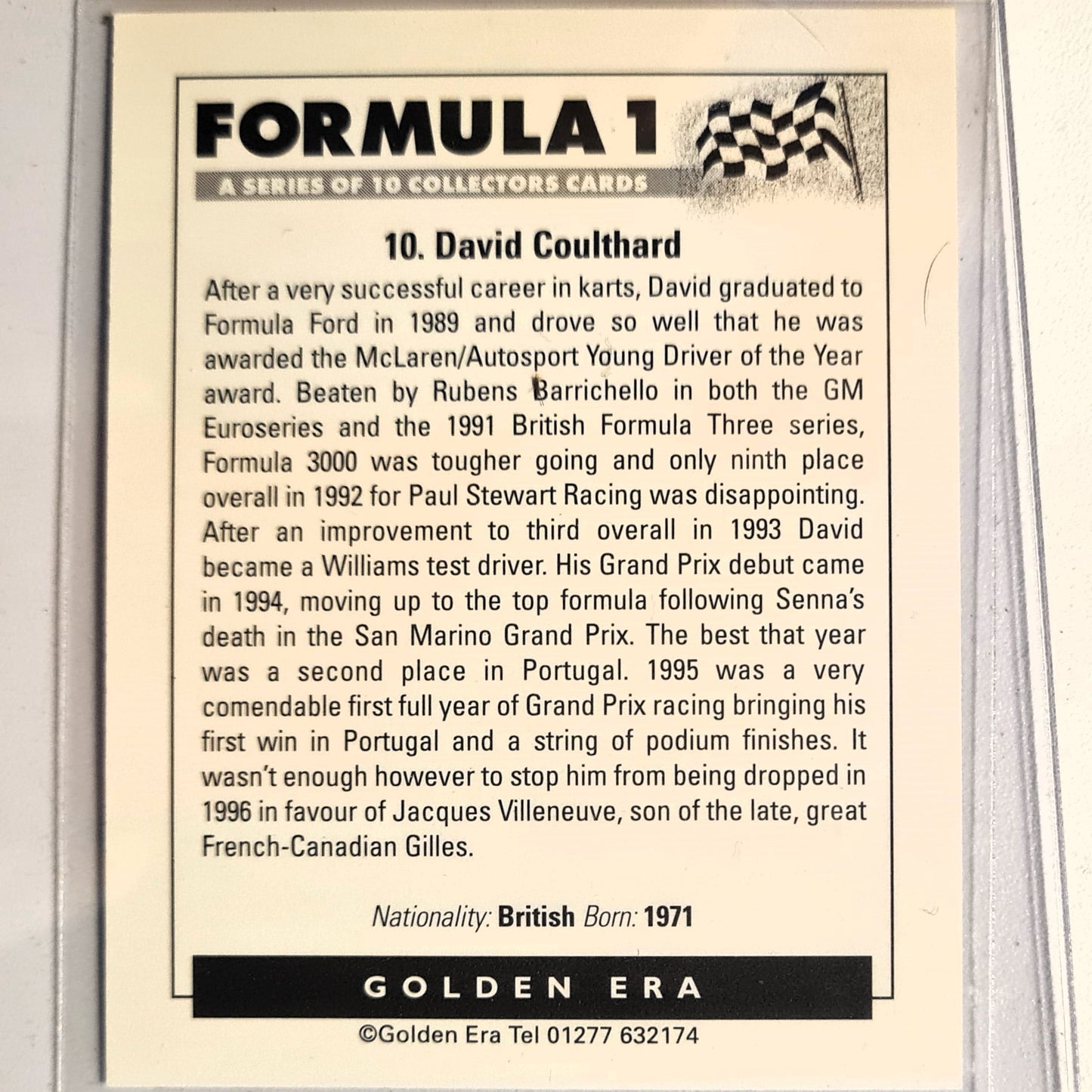 David Coulthard Golden Era Formula 1 #10 Renault Williams Rothmans 90's Mint sleeved