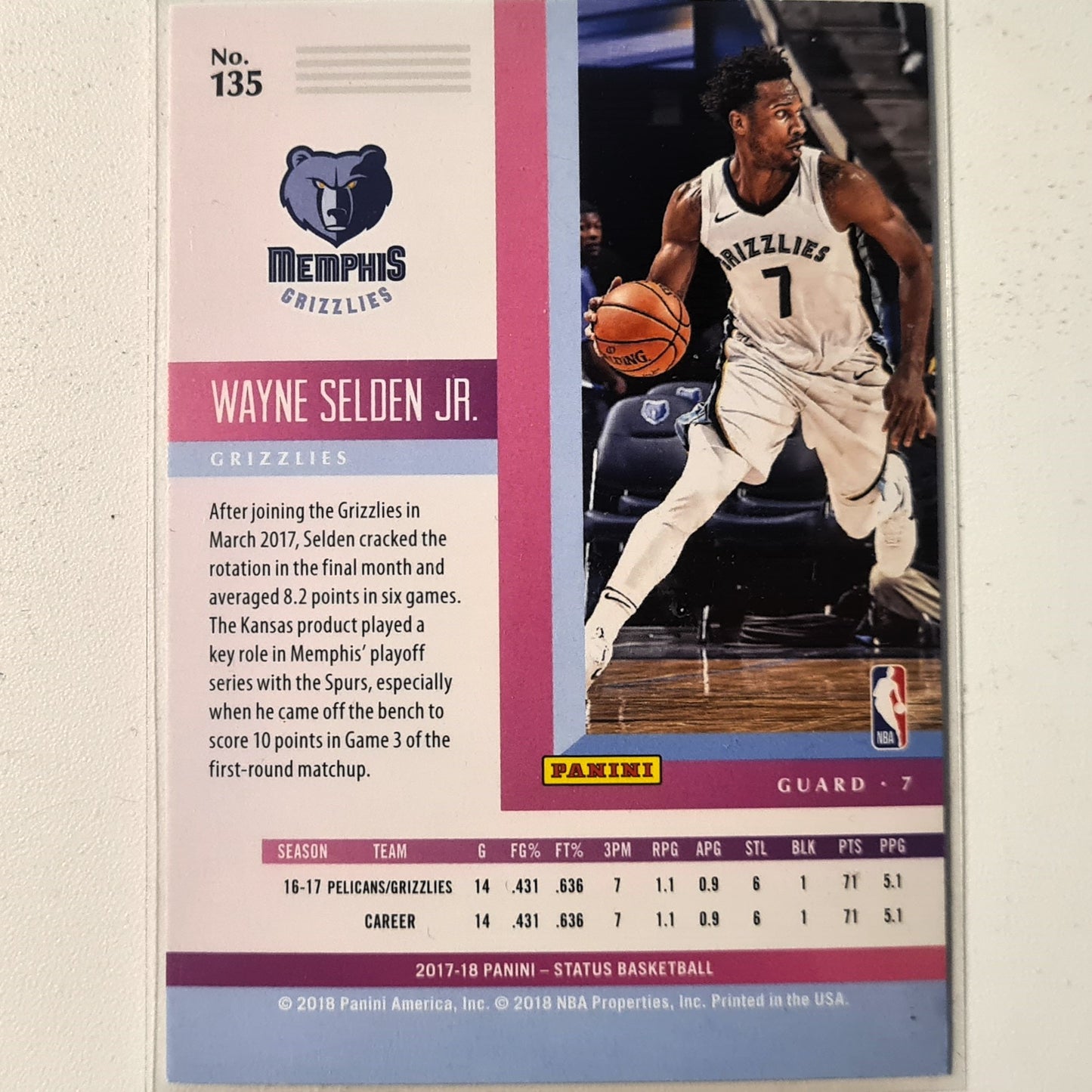 Wayne Selden Jr 2017-18 Panini Status Rookie RC #135 NBA Basketball Memphis Grizzlies very good/excellent sleeved