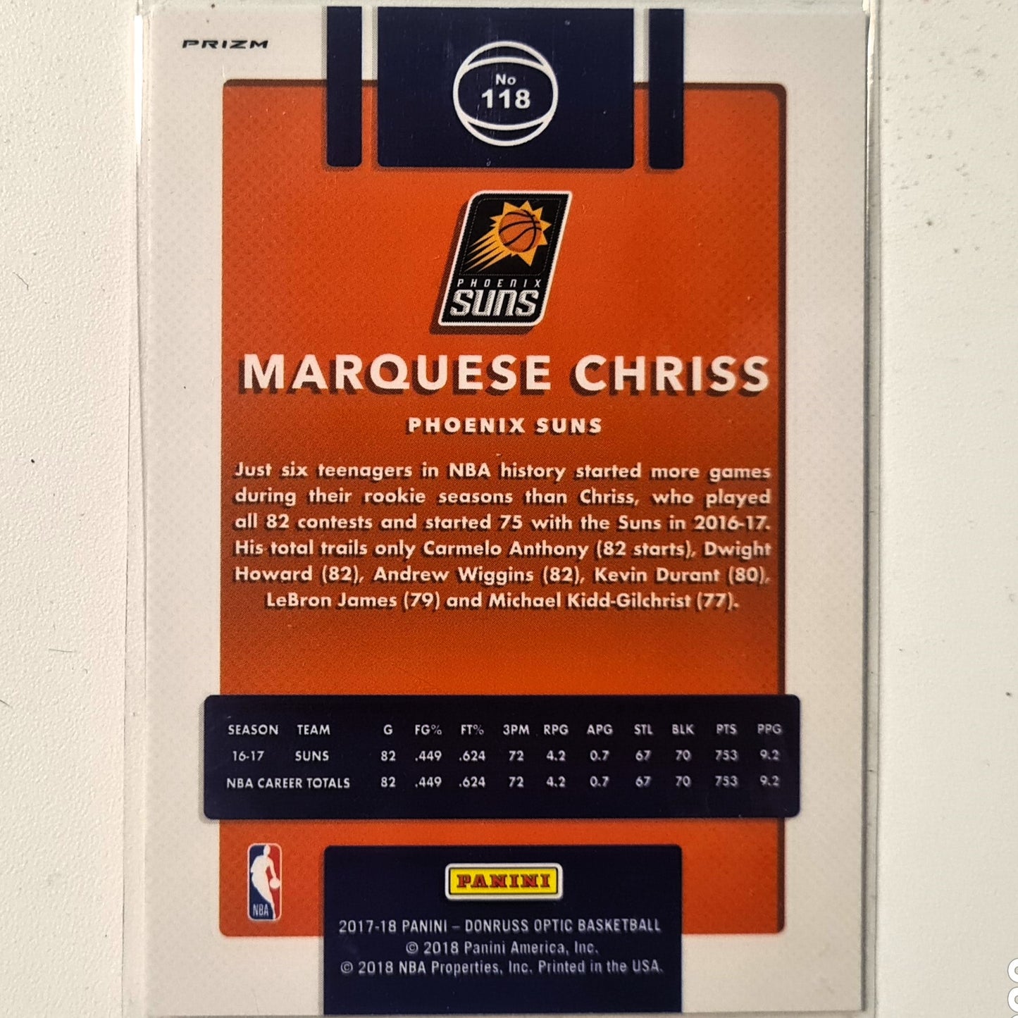 Marquese Chriss 2017-18 Panini Donruss Optic Prizm #118 NBA Basketball Phoenix Suns very excellent/mint sleeved