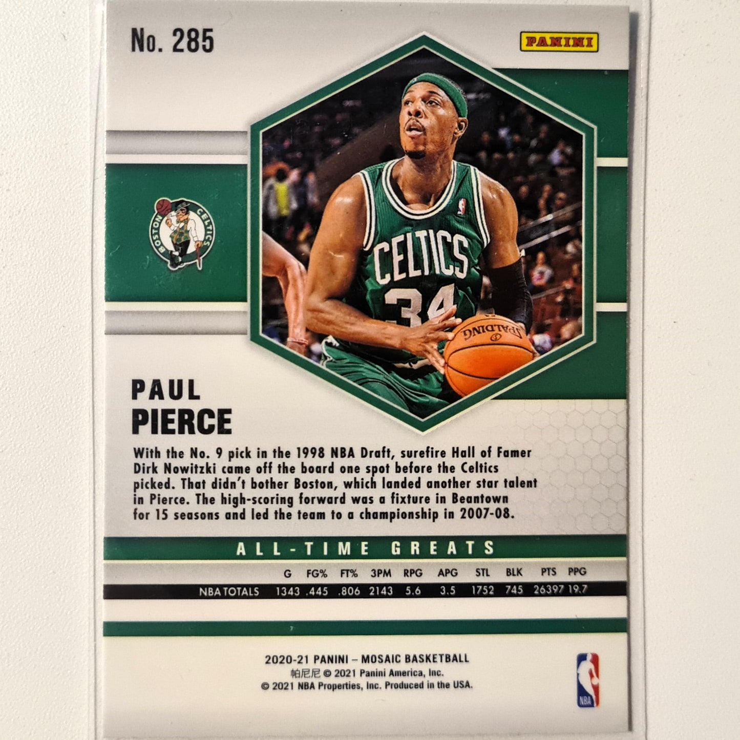 Paul Pierce 2020-21 Panini Mosaic all time greats #285 NBA Basketball Boston Celtics Excellent Sleeved