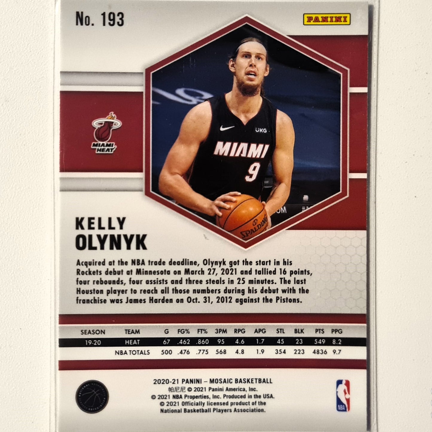 Kelly Olynyk 2020-21 Panini Mosaic #193 NBA Basketball Miami Heat Excellent Sleeved