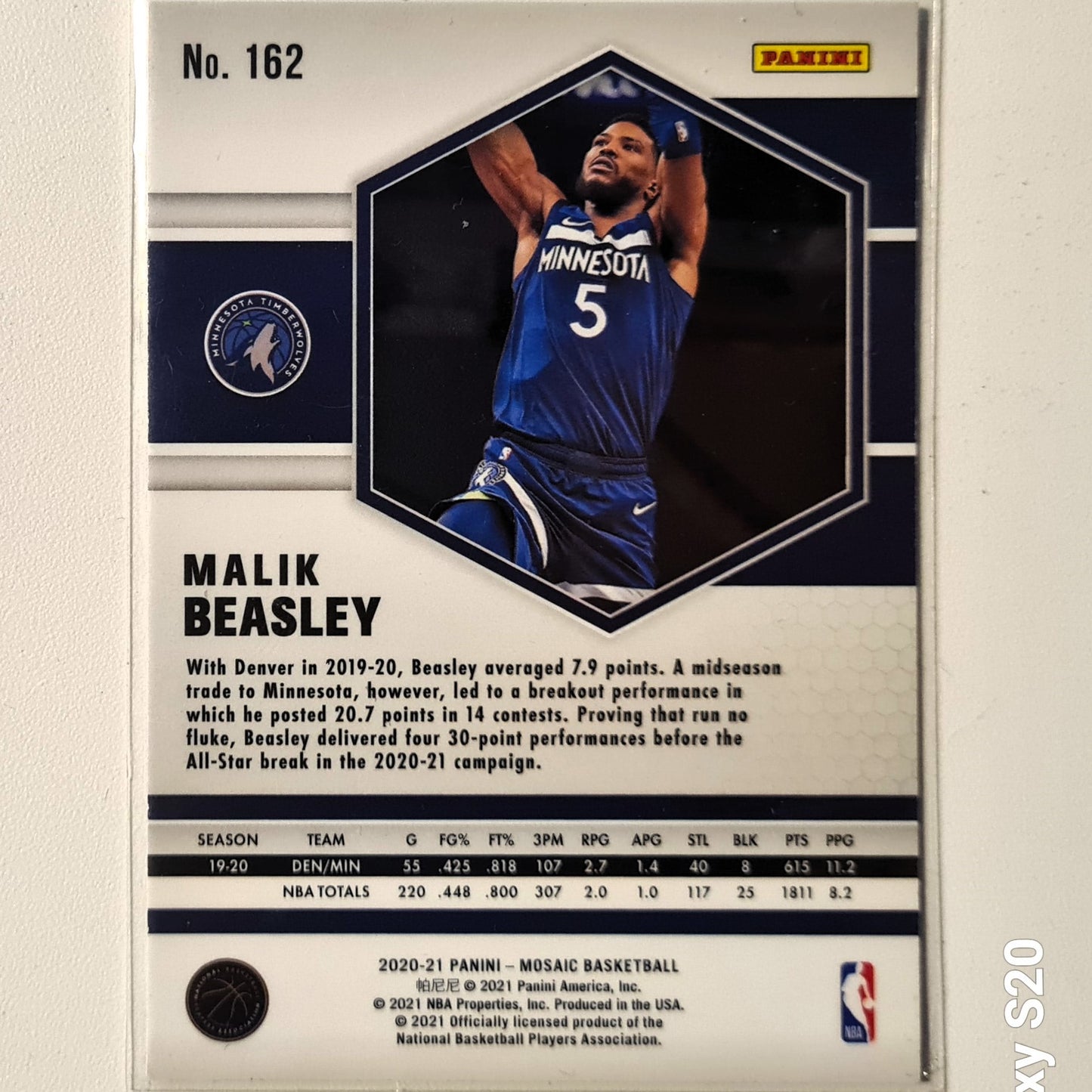 Malik Beasley 2020-21 Panini Mosaic #162 NBA Basketball Minnesota Timberwolves Excellent Sleeved