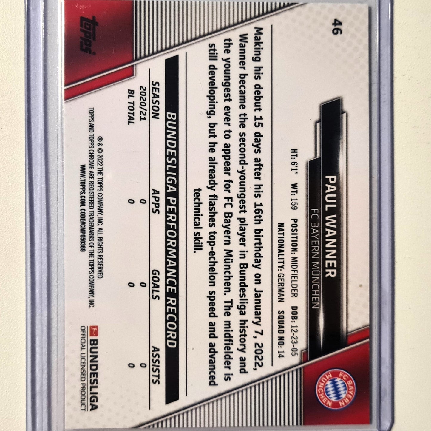 Paul Wanner 2022 Topps Chrome Bundesliga Rookie RC #46 Soccer Football Bayern Munich excellent/mint Sleeved