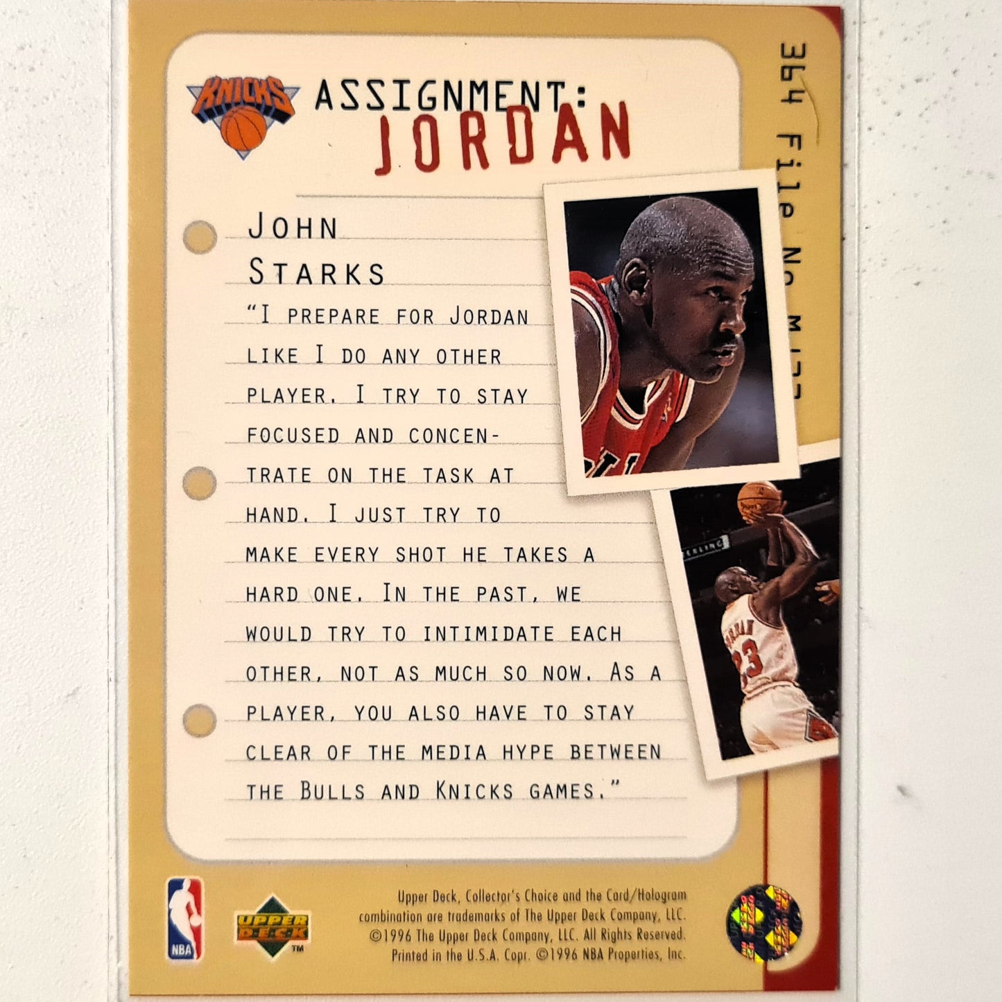 Michael Jordan 1996 Upper-Deck Assignment Jordan John Starks #364 NBA Basketball Chicago Bulls Very good Sleeved