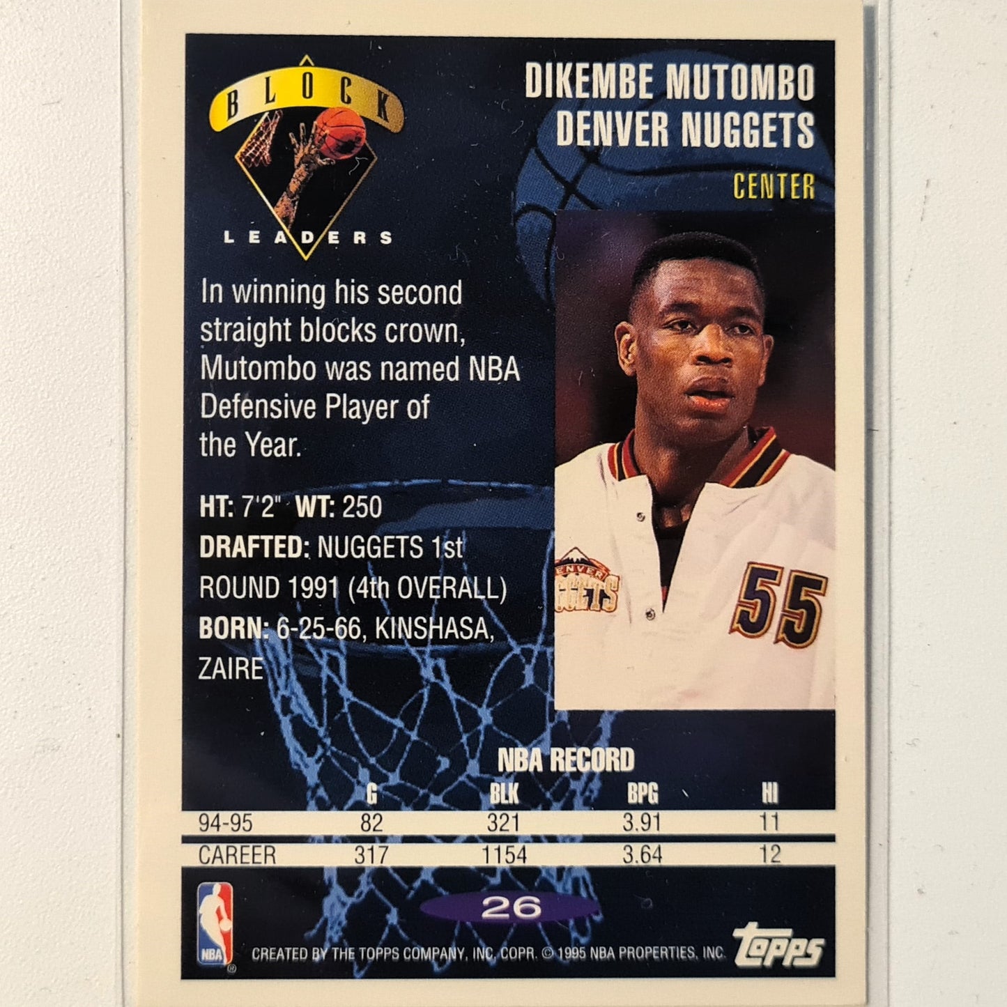Dikembe Mutombo 1995 Topps Block leaders #26 NBA Basketball Denver Nuggets Very good sleeved