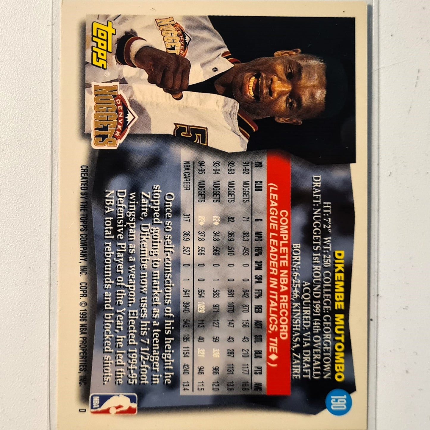 Dikembe Mutombo 1996 Topps #190 NBA Basketball Denver Nuggets Very good sleeved
