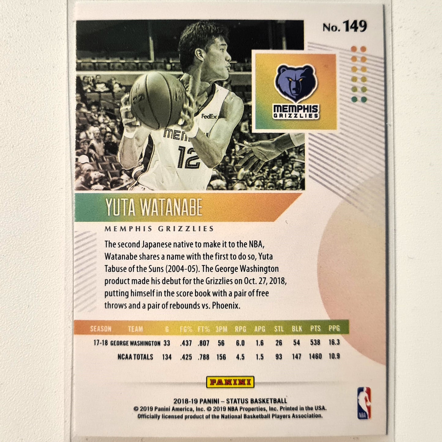 Yuta Watanabe 2018-19 Panini Status Rookie RC #1149 NBA Basketball Memphis Grizzlies Excellent sleeved