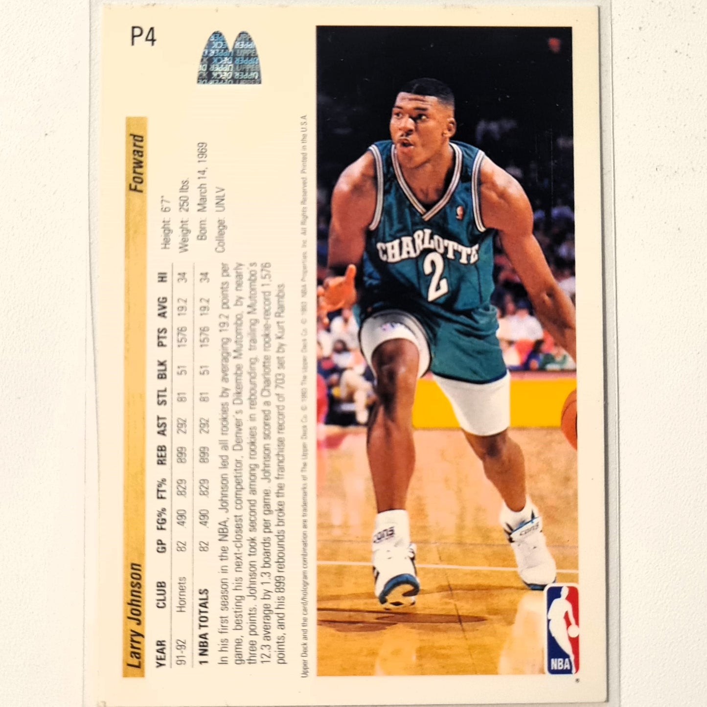 Larry Johnson 1993 Upper-Deck McDonalds Happy Meal Promo P4 NBA Basketball Charlotte Hornets Very good Sleeved