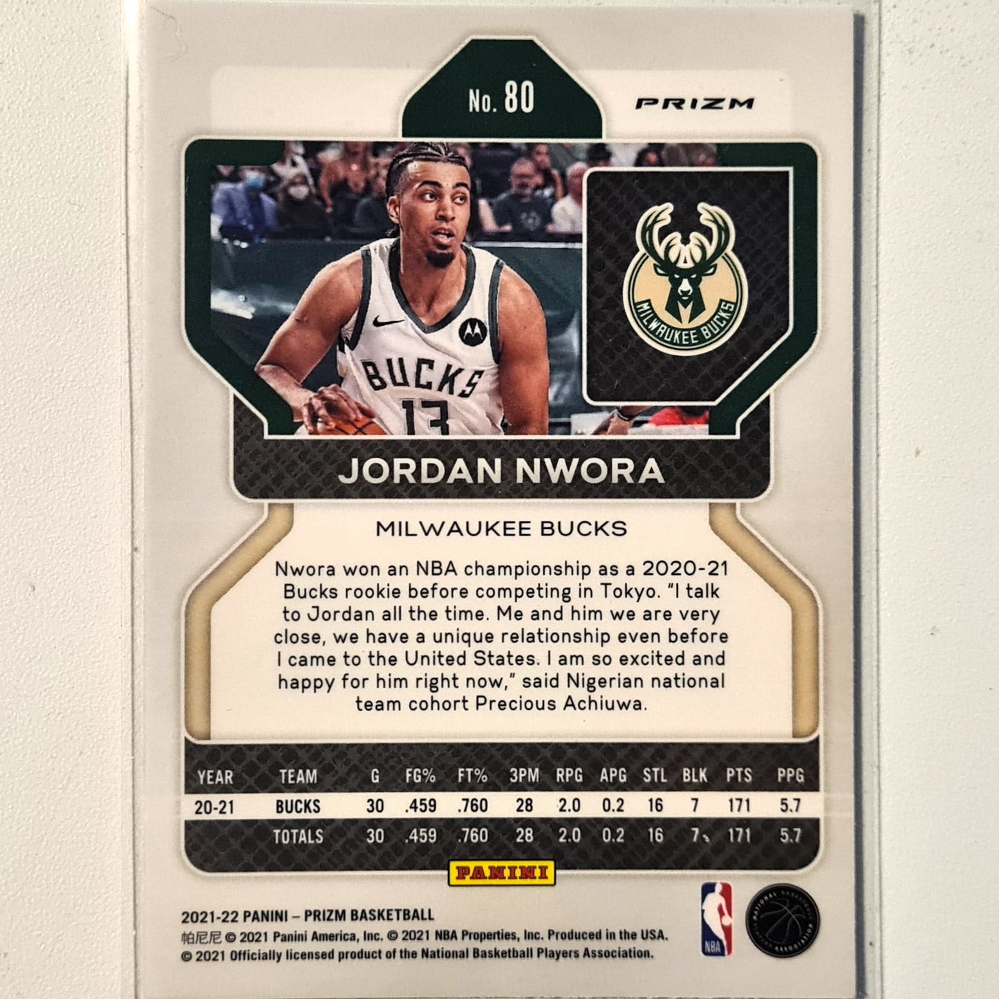 Jordan Nwora 2021-22 Panini Prizm cracked ice #80 NBA Basketball Milwaukee Bucks Excellent/mint Sleeved