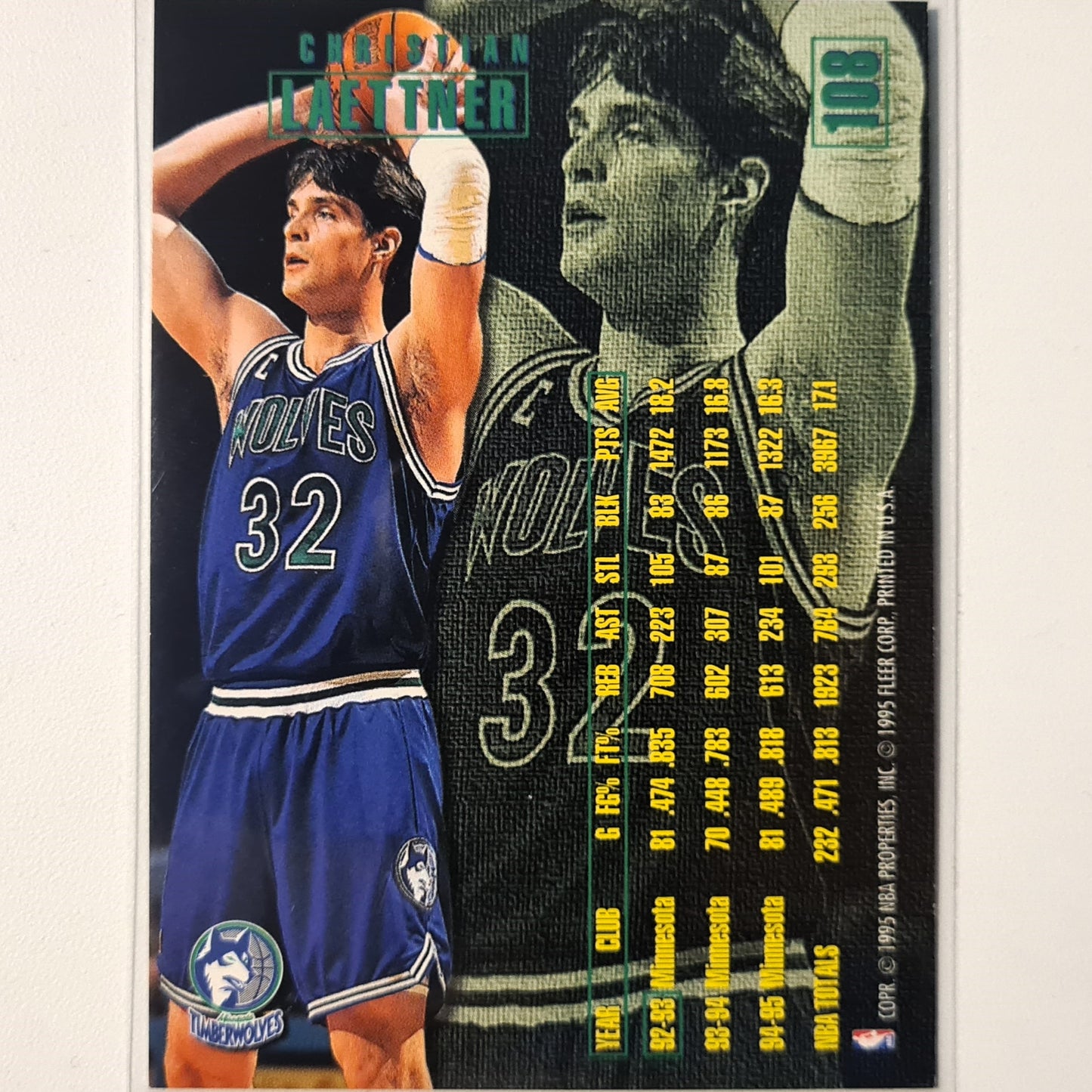 Christian Laettner 1995 Fleer 95-96 #97 NBA Basketball Minnesota Timberwolves Excellent sleeved