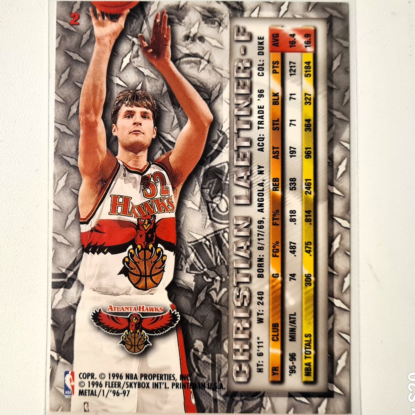 Christian Laettner 1996 Fleer Metal 96-97 #2 NBA Basketball Atlanta Hawks Excellent sleeved