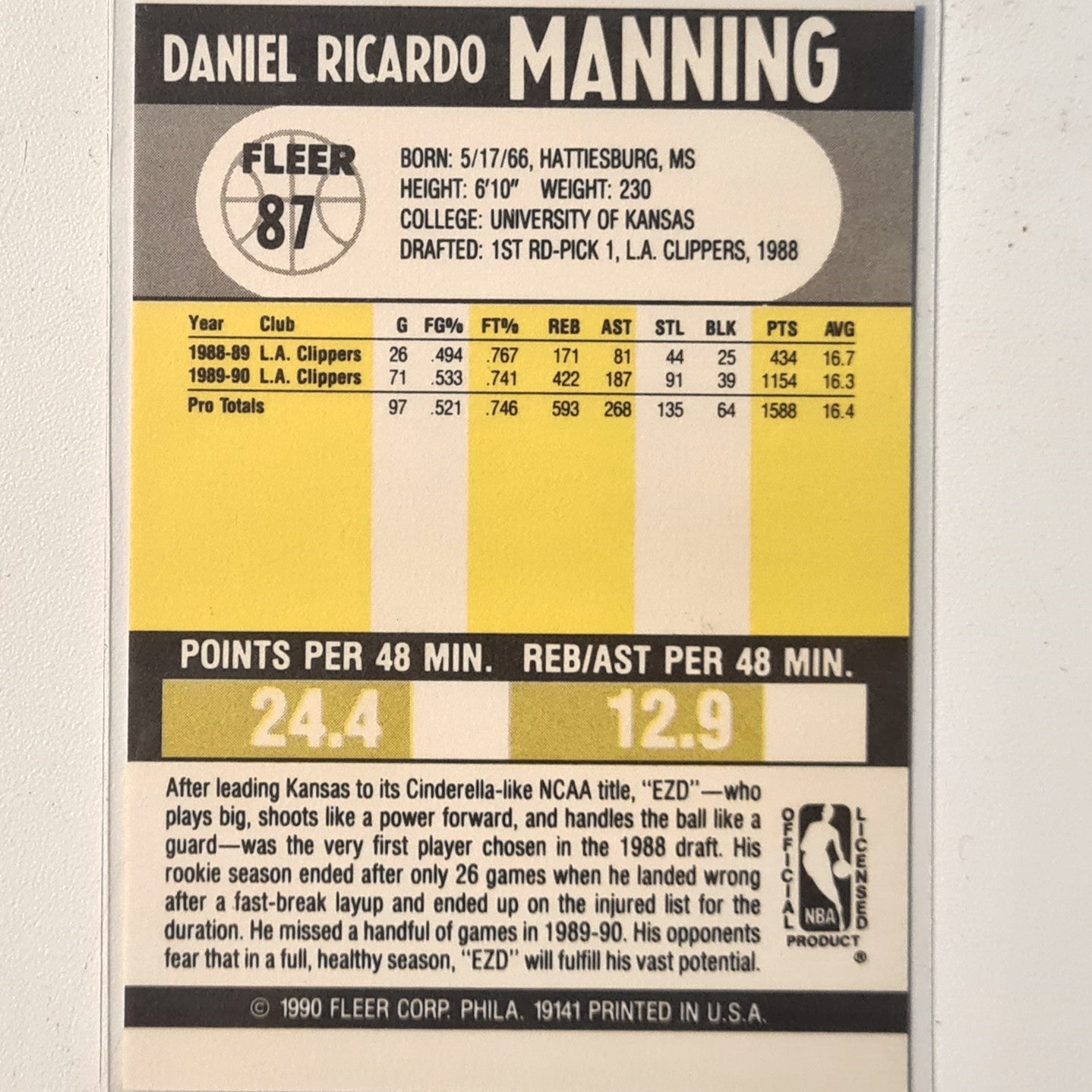 Danny Manning 1990 Fleer #87 NBA Basketball LA Clippers Excellent/mint Sleeved