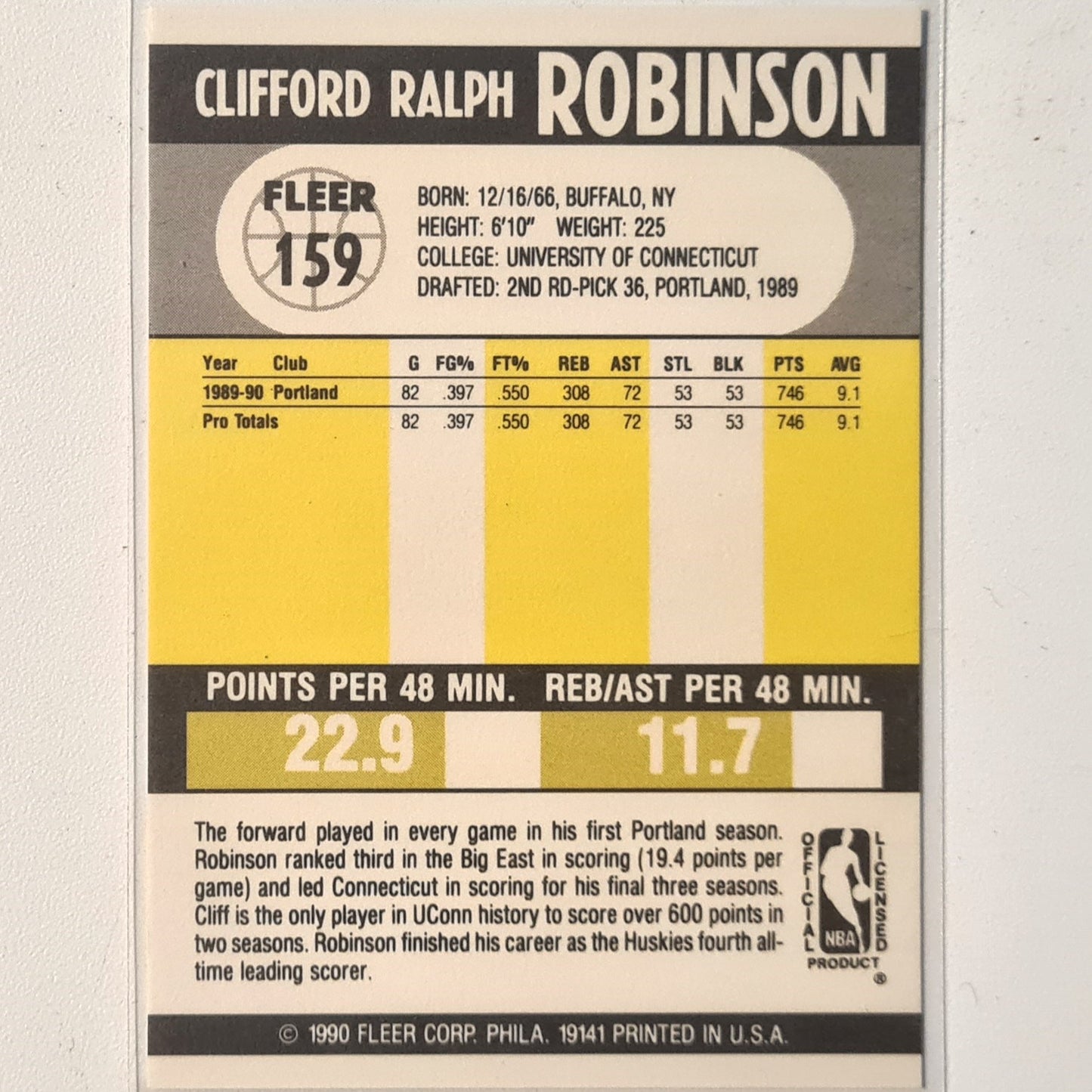 Cliff Robinson 1990 Fleer #159 NBA Basketball Portland Trail Blazers Excellent/mint Sleeved