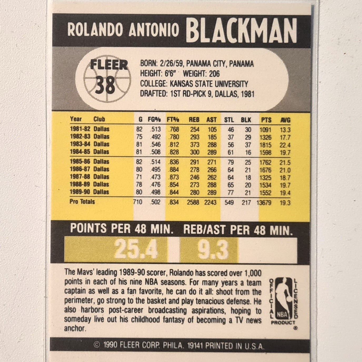 Rolando Blackman 1990 Fleer #38 NBA Basketball Dallas Mavericks Excellent/mint Sleeved