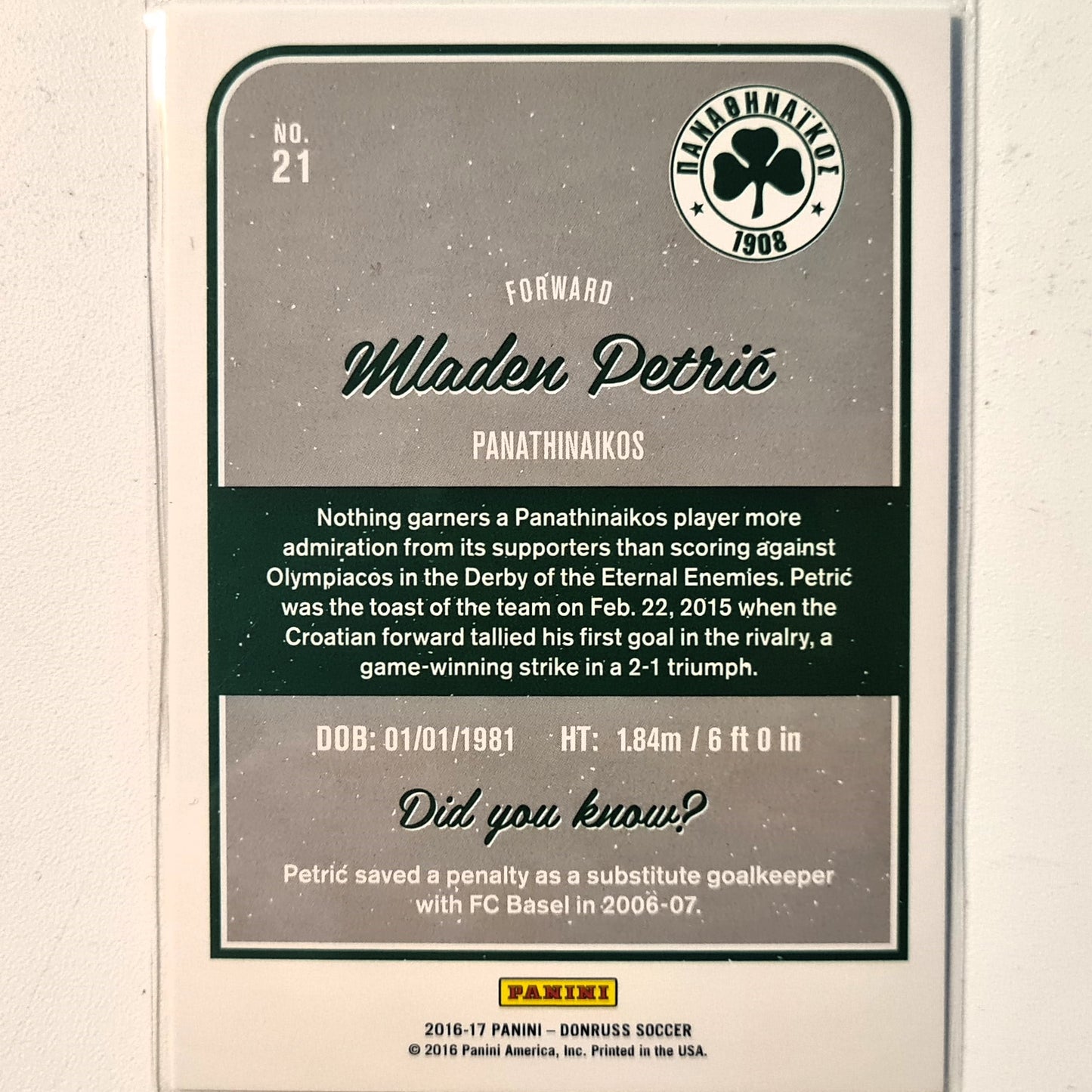 Mladen Petric 2016-17 Panini Donruss #21 Soccer Football Panathinaikos excellent Sleeved