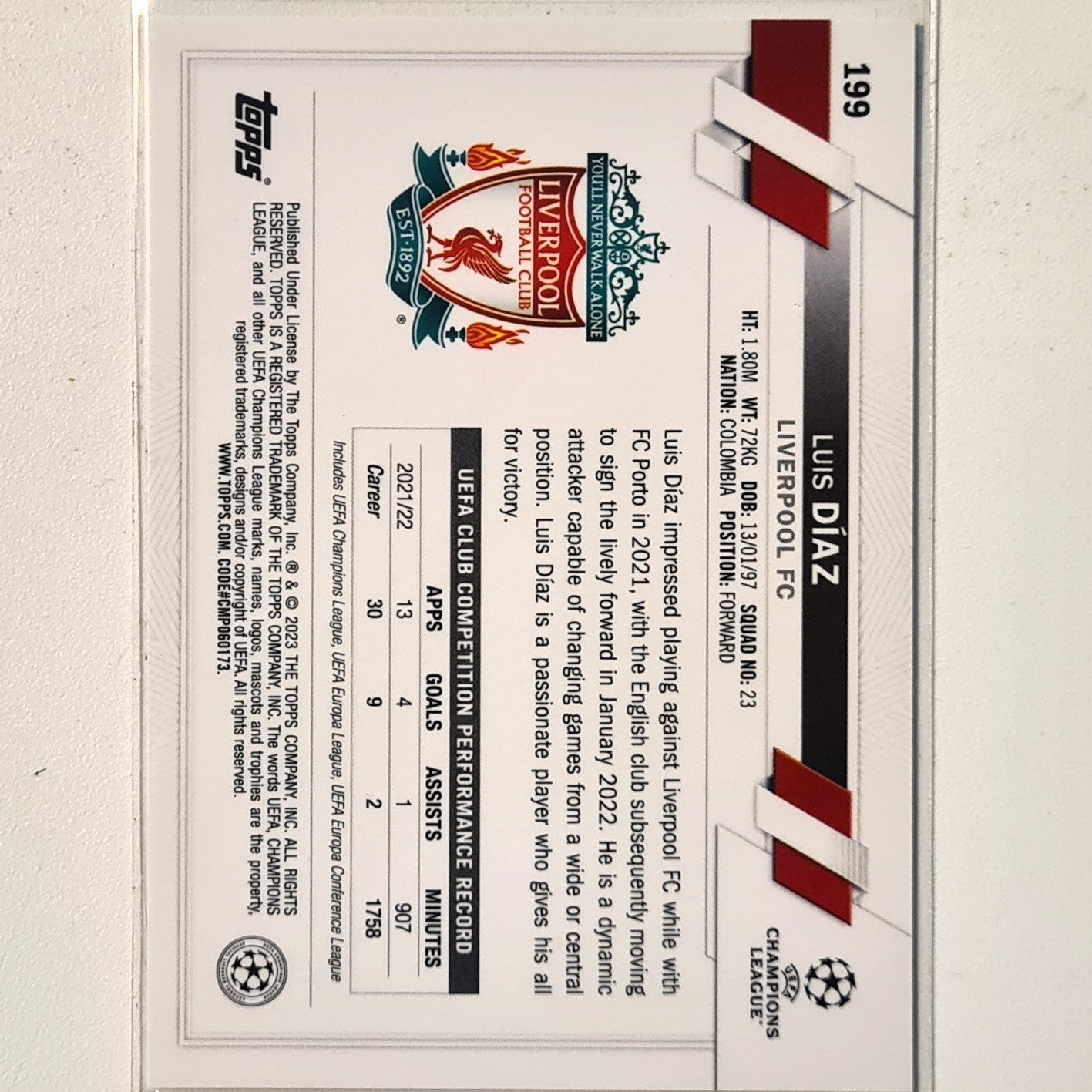 Luis Diaz 2023 Topps Chrome Champions League #199 Soccer football Liverpool Mint sleeved