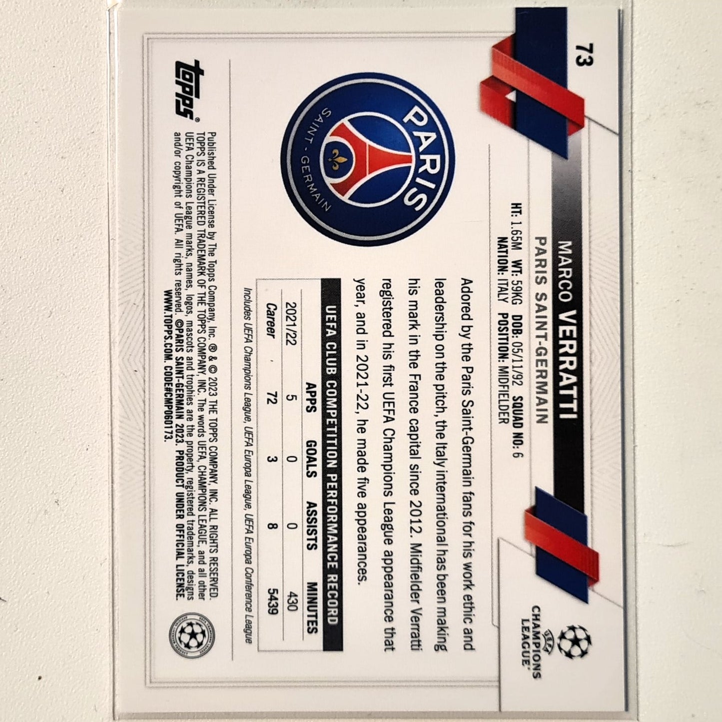Marco Verratti 2023 Topps Chrome Champions League #73 Soccer football Paris Saint-Germain Mint sleeved