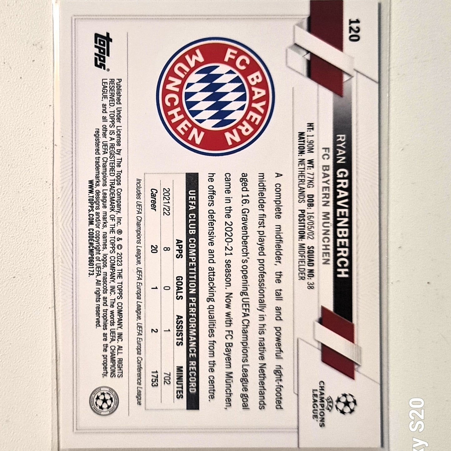 Ryan Gravenberch 2023 Topps Chrome Champions League #120 Soccer football Bayern Munich Excellent/mint sleeved