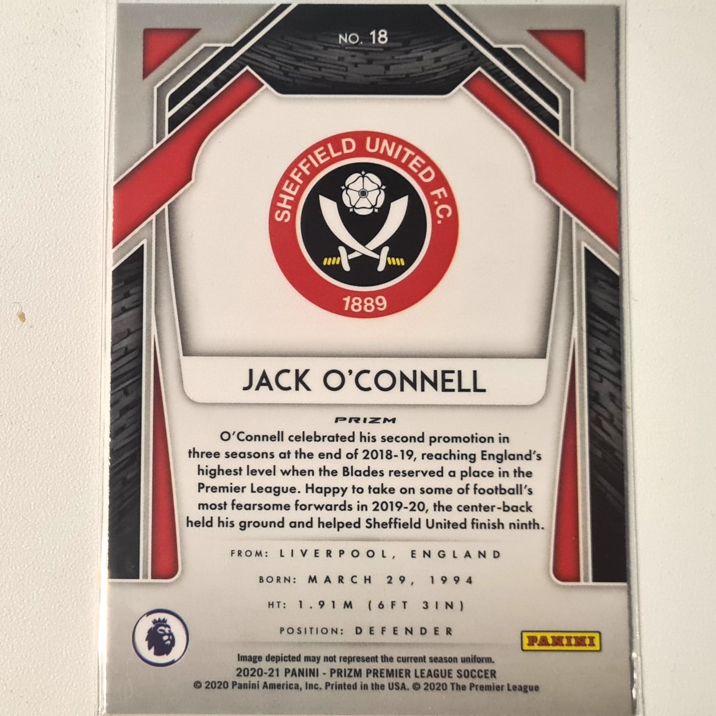 Jack O'Connell 2020-21 Panini Prizm premier refractor #18 Football Sheffield United excellent Sleeved