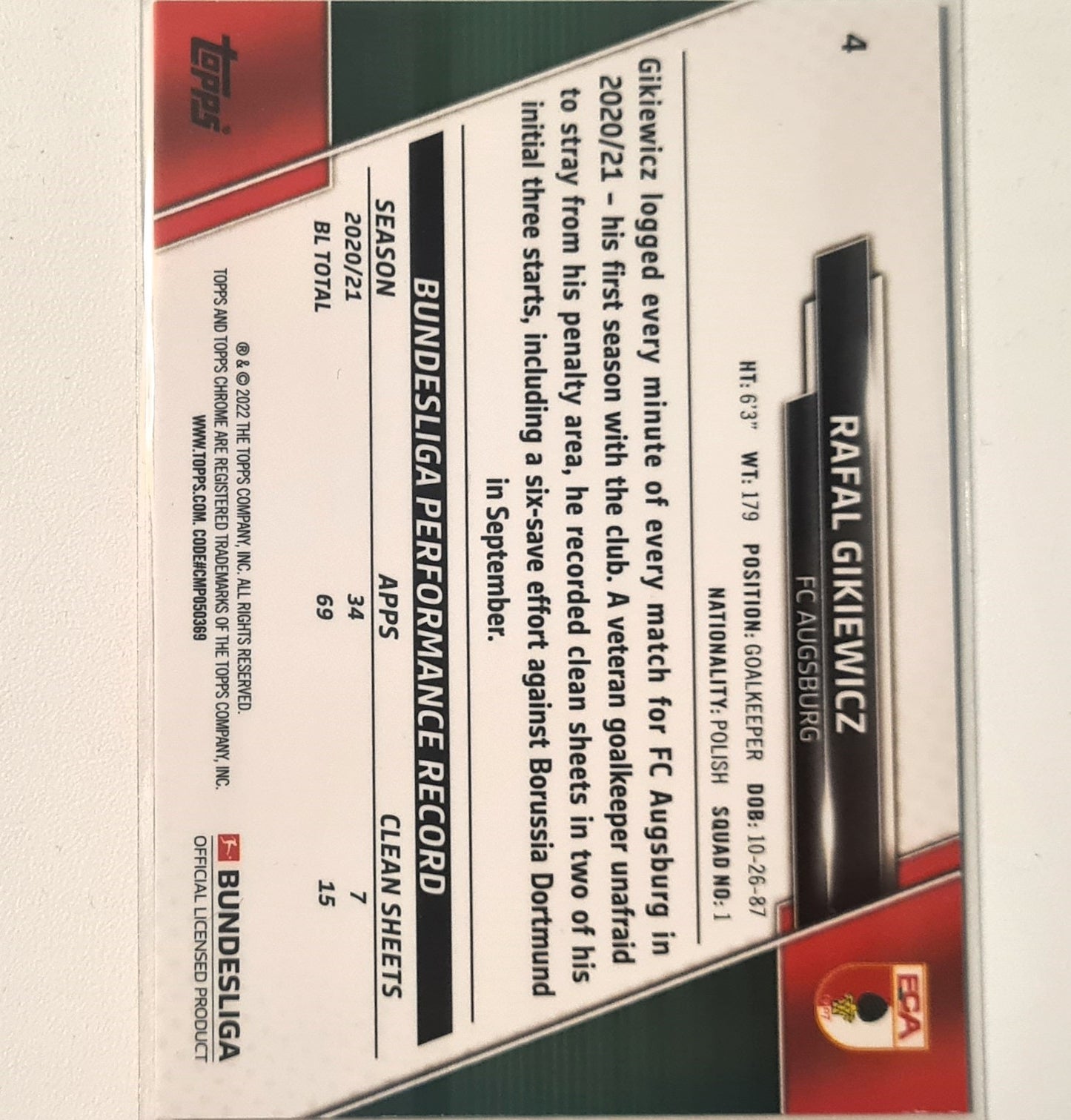 Rafal Gikiewicz 2022 Topps Bundesliga #4 Soccer Football Augsburg excellent/mint Sleeved