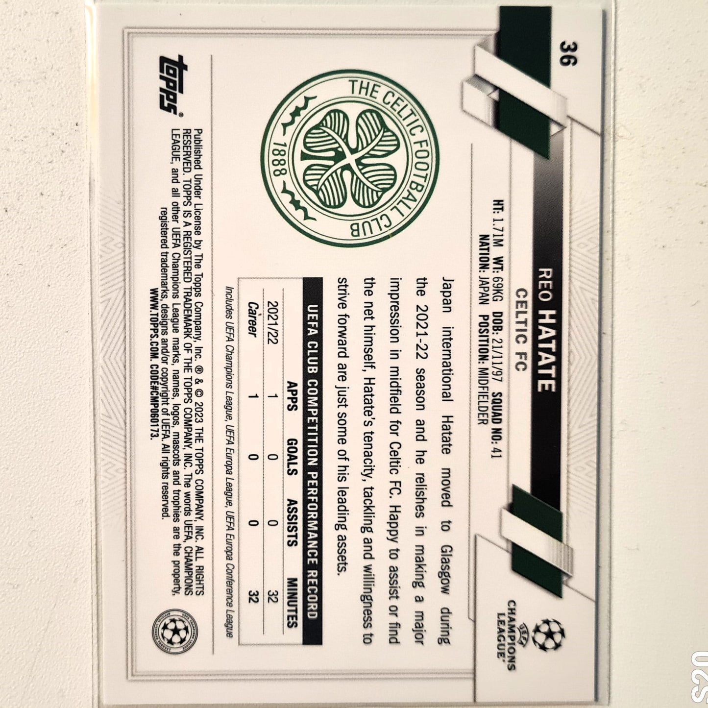 Reo Hatate 2023 Topps Chrome Champions League #36 Soccer Football Celtic excellent Sleeved