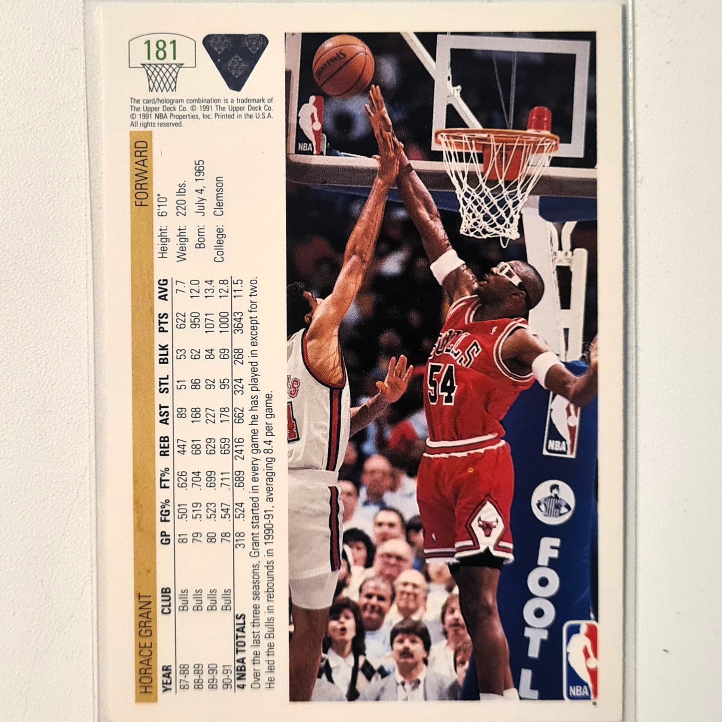 Horace Grant 1991 Upper-Deck #181 NBA Basketball Chicago Bulls Excellent Sleeved