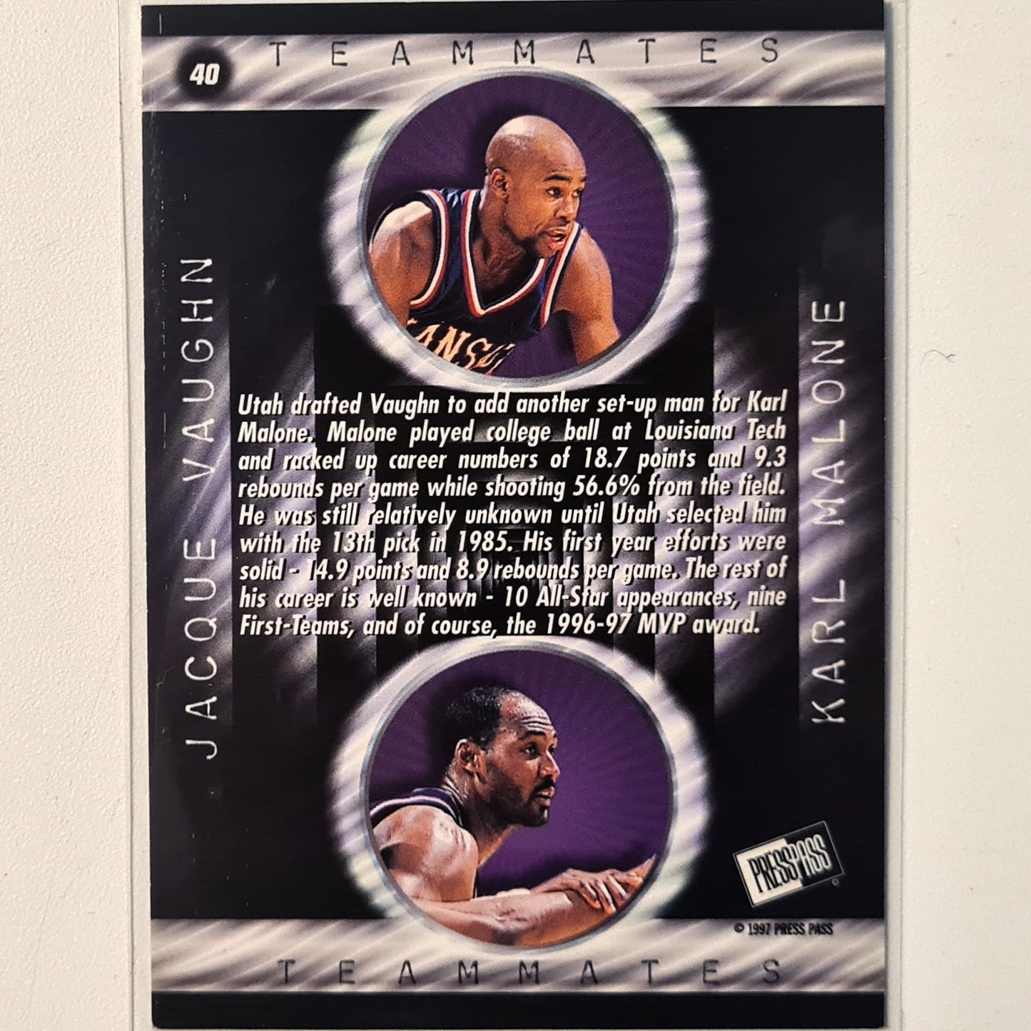 Jacques Vaughn Karl Malone 1997 press pass Team mates #40 NBA Basketball Minnesota Utah Excellent Sleeved