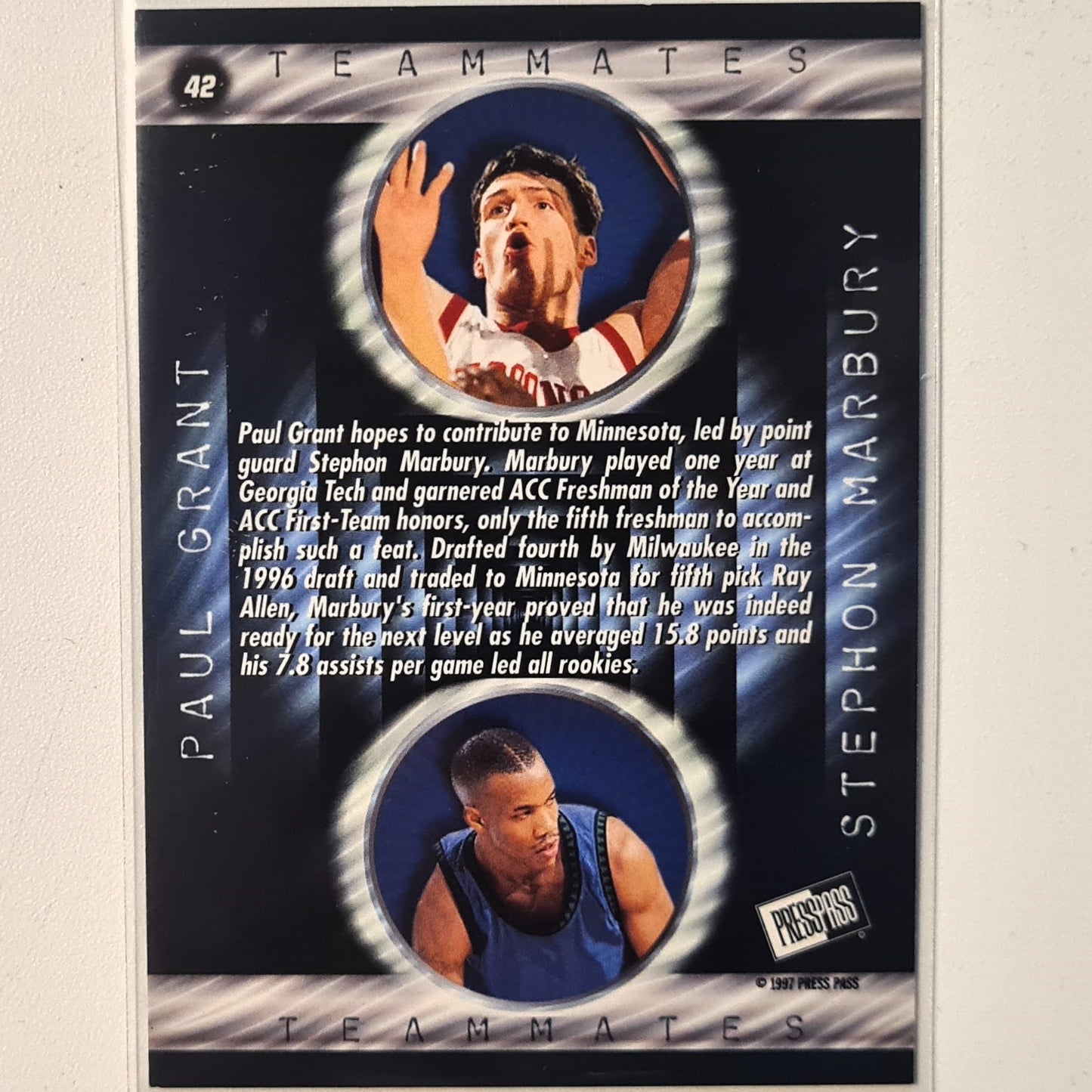 Paul Grant Stephon Marbury 1997 press pass Team mates #42 NBA Basketball Minnesota Timberwolves Excellent Sleeved