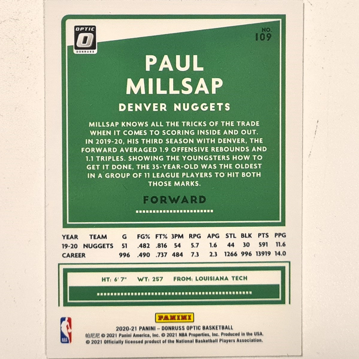 Paul Millsap 2020-21 Panini Donruss Optic #109 NBA basketball Denver Nuggets Excellent/mint Sleeved