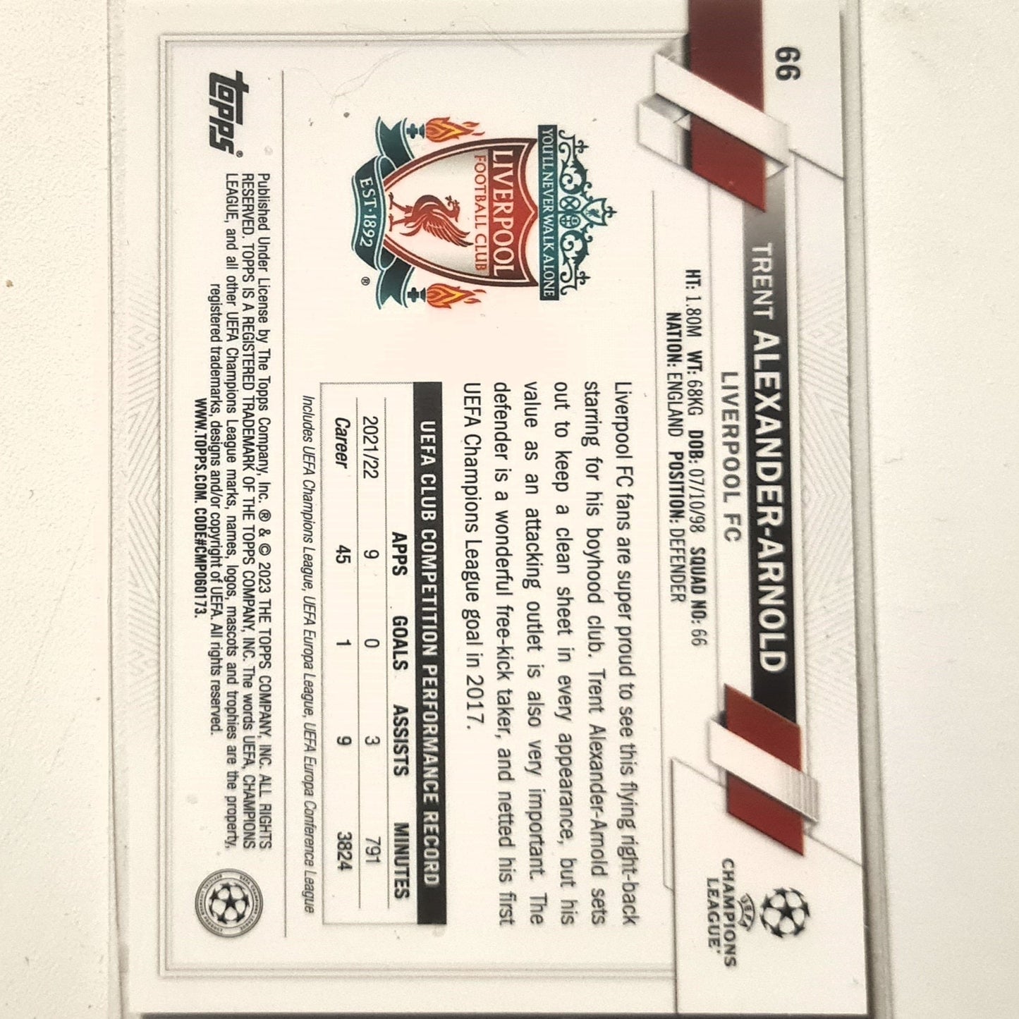 Trent Alexander-Arnold 2023 Topps Champions league #66 Soccer Football Liverpool FC mint sleeved