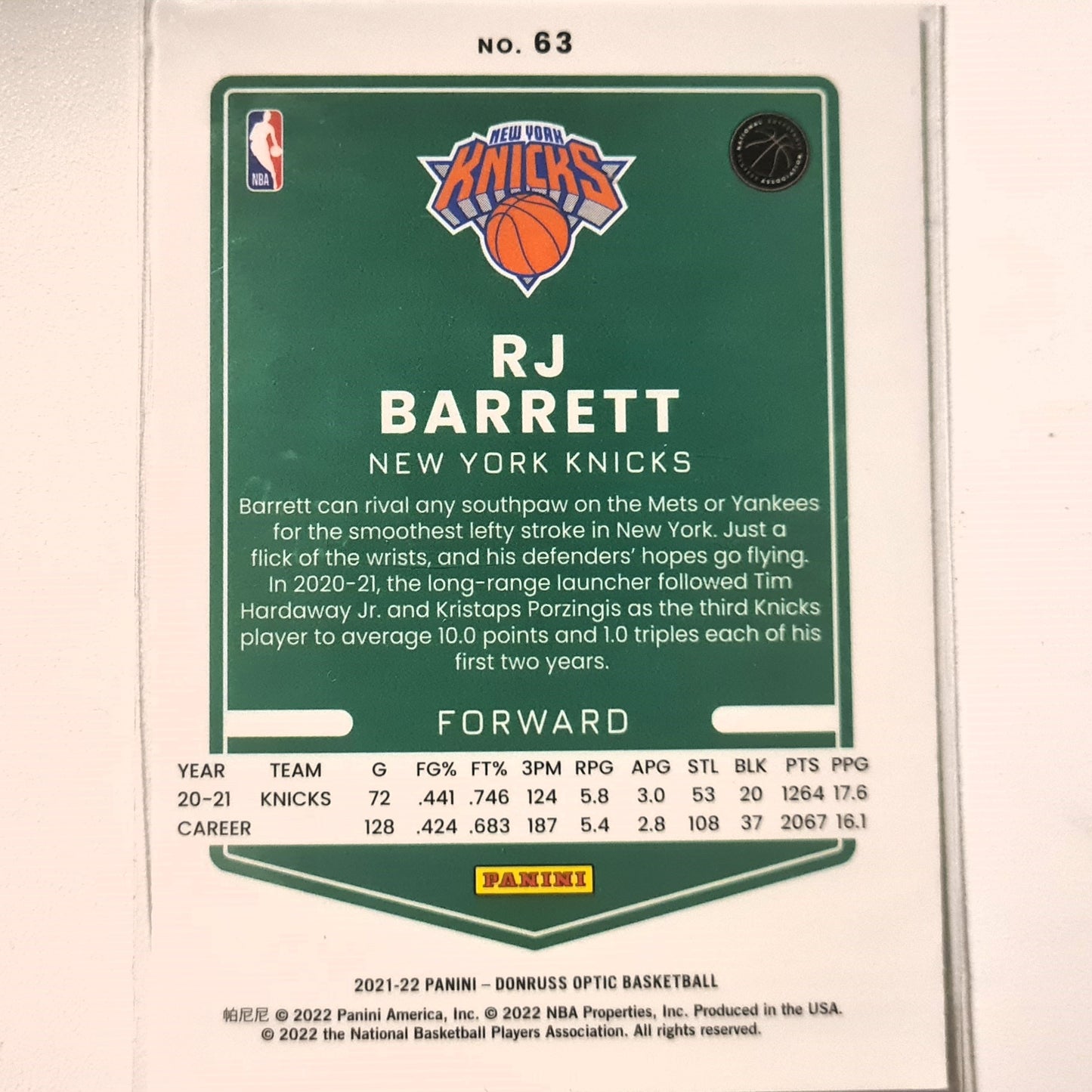 RJ Barrett 2021-22 Panini Donruss Optic #63 NBA Basketball Philadelphia new York Knicks excellent/mint Sleeved