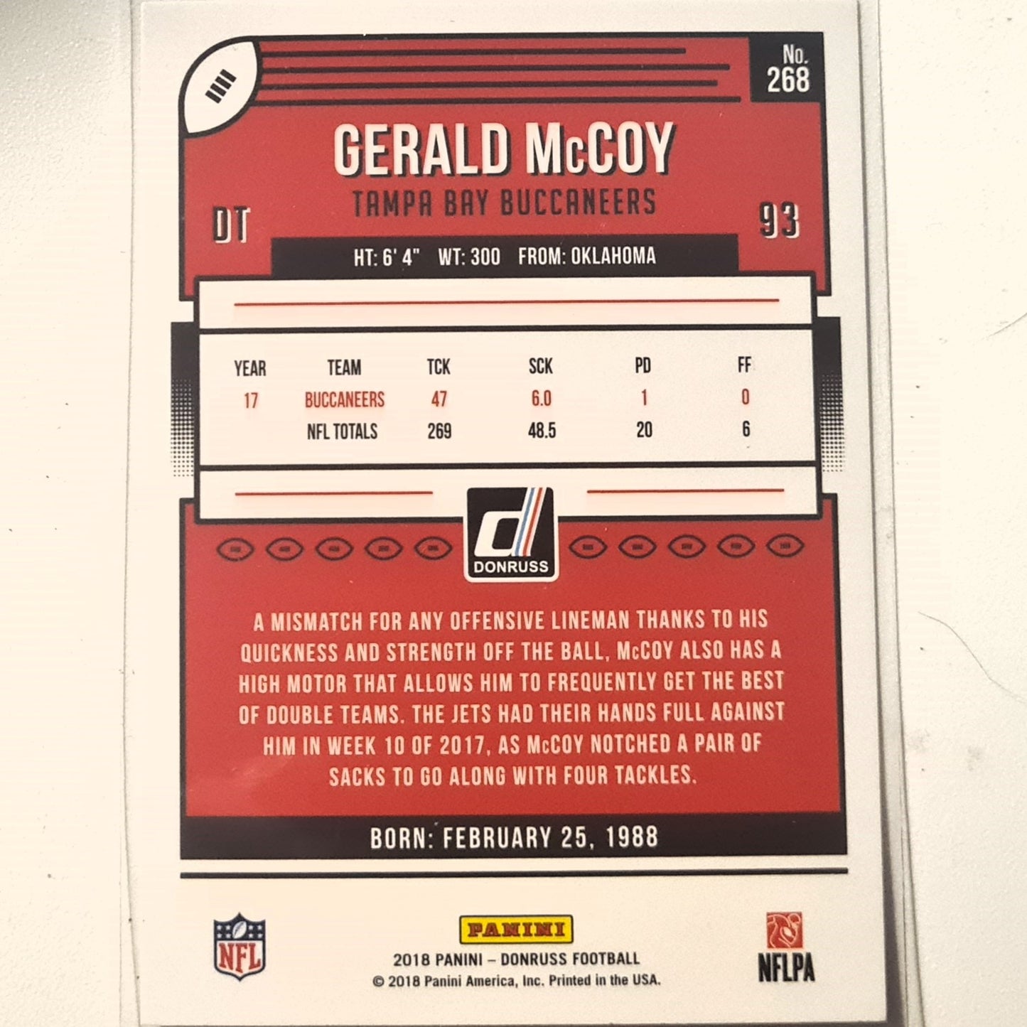 Gerald McCoy 2018 Panini Donruss Football #268 NFL American Football Tampa bay Buccaneers Excellent sleeved
