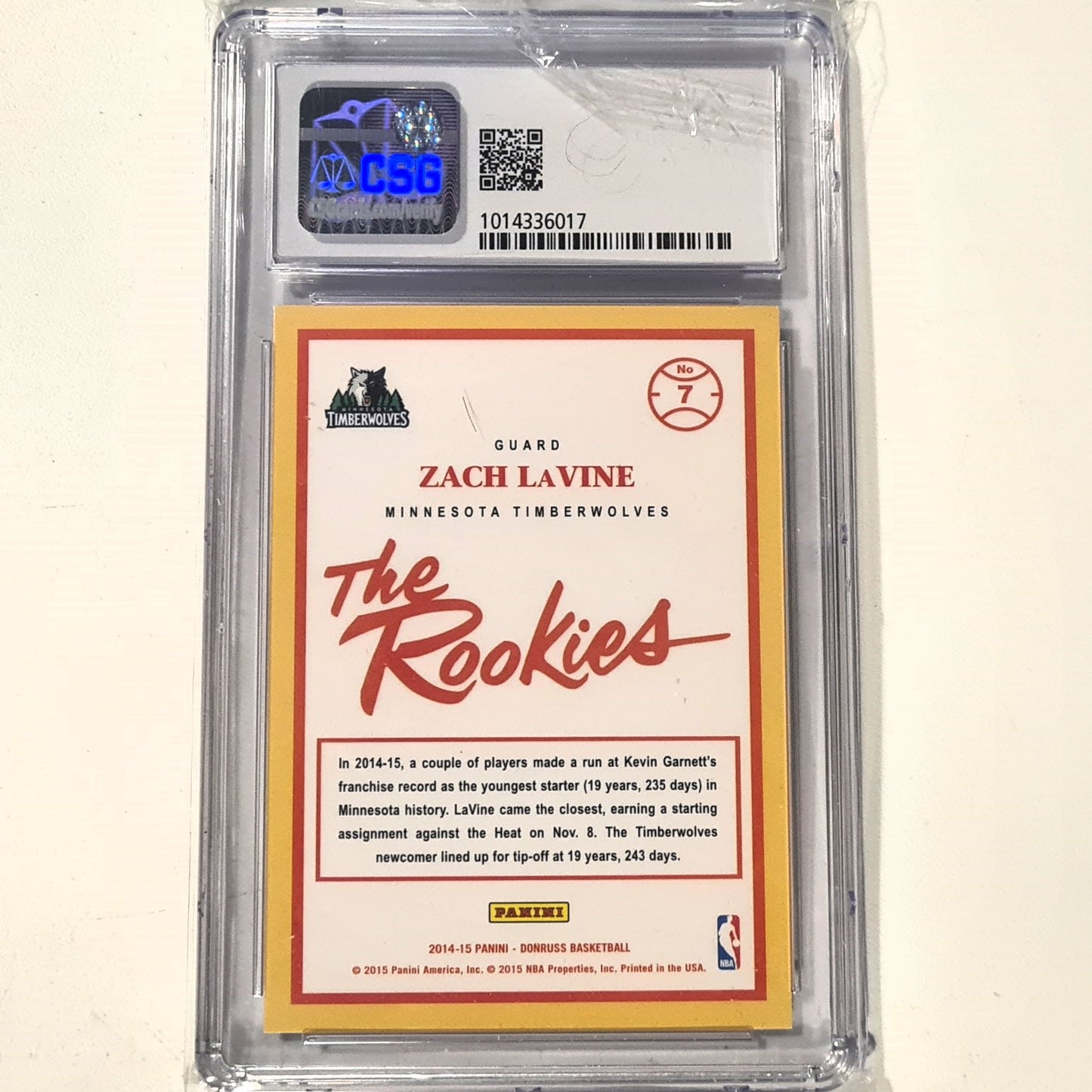Zach LaVine 2014-15 Panini Donruss The Rookies Rookie RC #7 NBA Basketball Minnesota Timberwolves CSG Graded 8.5 nm/mint/mint+ slabbed Graded