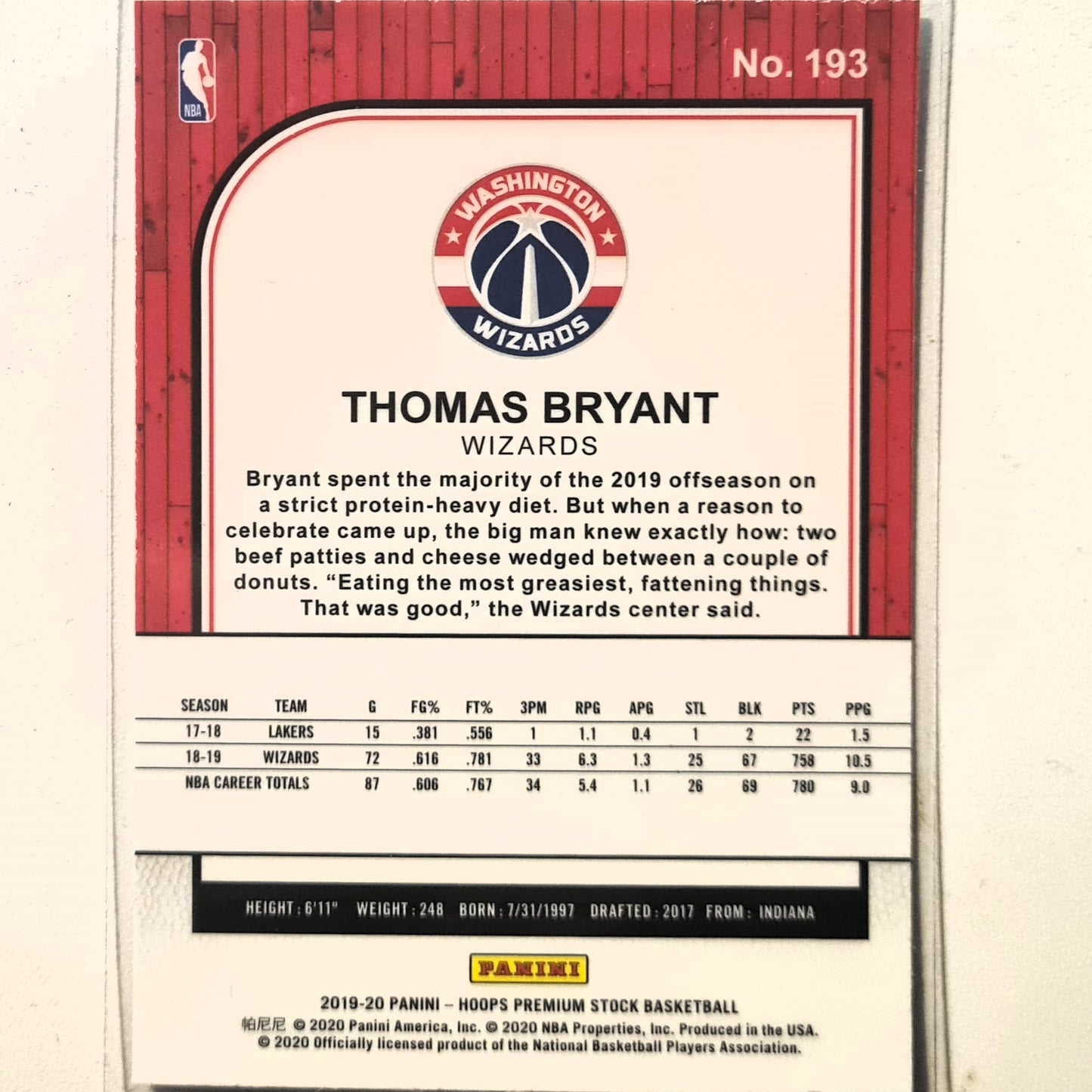 Thomas Bryant 2019-20 Panini NBA Hoops Premium stock #193 NBA Basketball Washington Wizards excellent/mint sleeved
