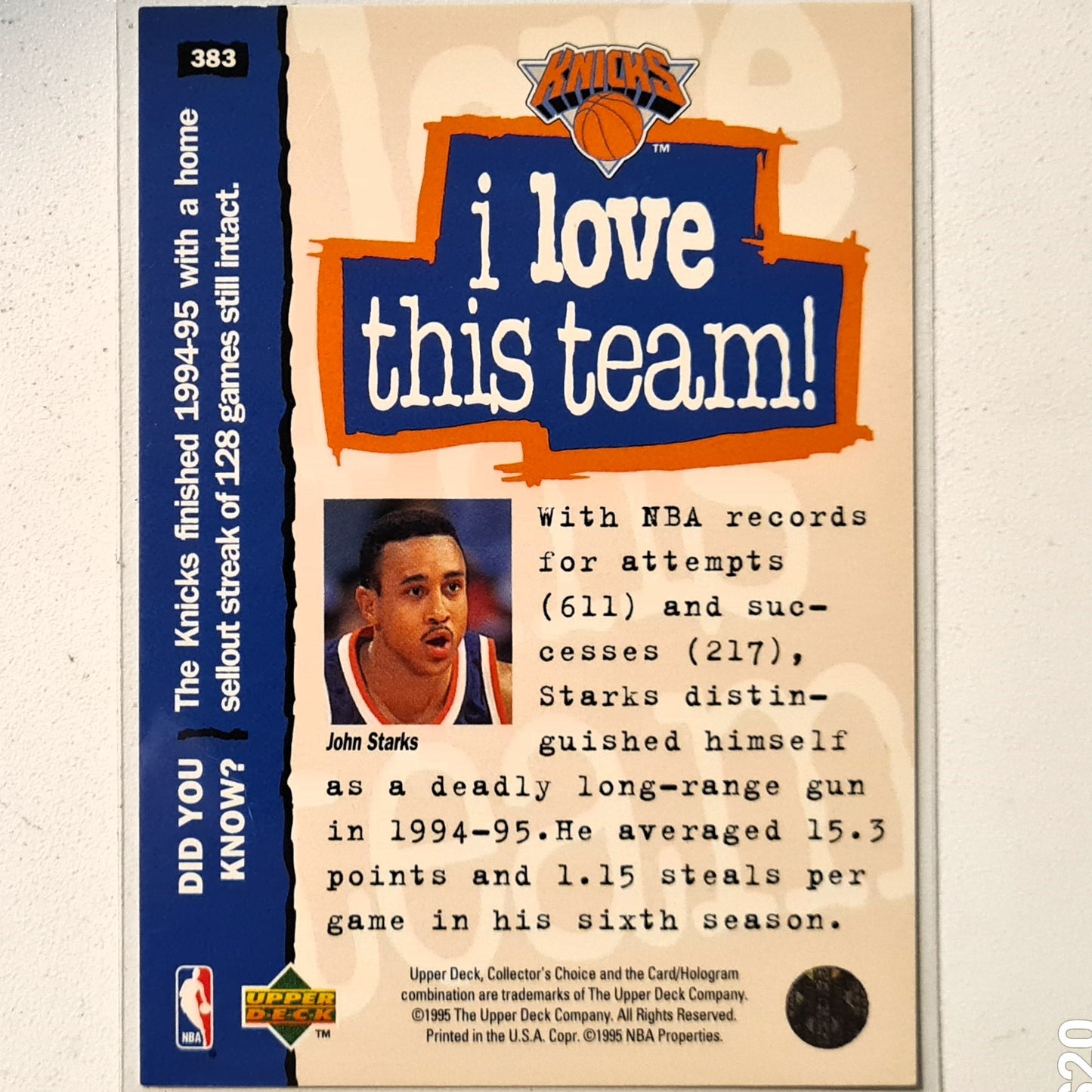 John Starks 1995 Upper-Deck I Love this team #383 NBA Basketball New York Knicks Very good sleeved