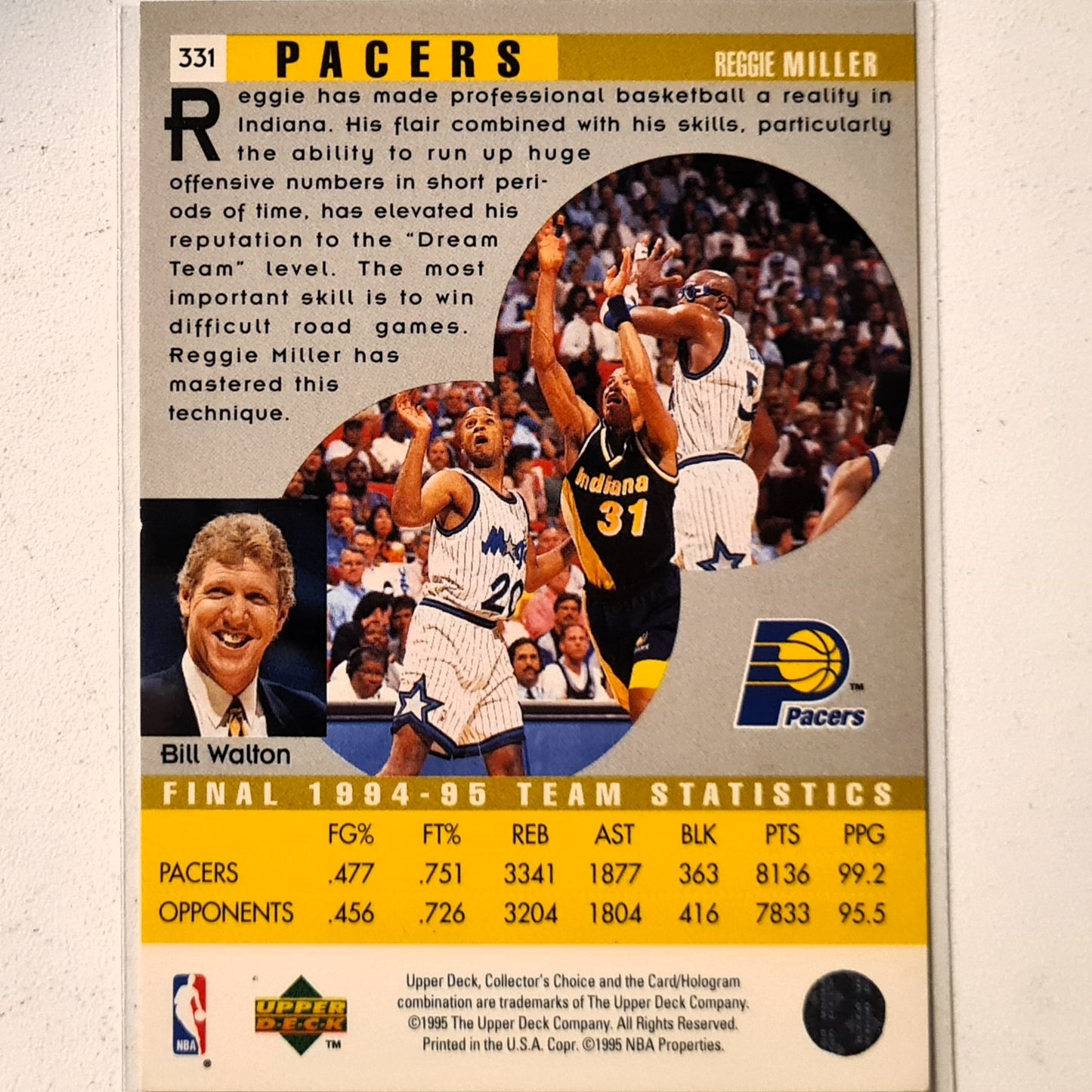 Reggie Miller 1995 Upper Deck Scouting Report #331 NBA Basketball Indiana Pacers Very Good Sleeved