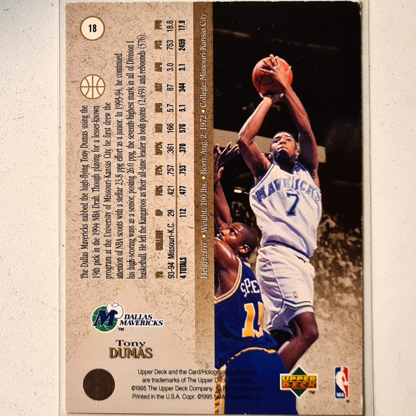 tony Dumas 1995 Upper Deck SP Premier Prospects Rookie RC #18 NBA Basketball Dallas Mavericks Fair Sleeved