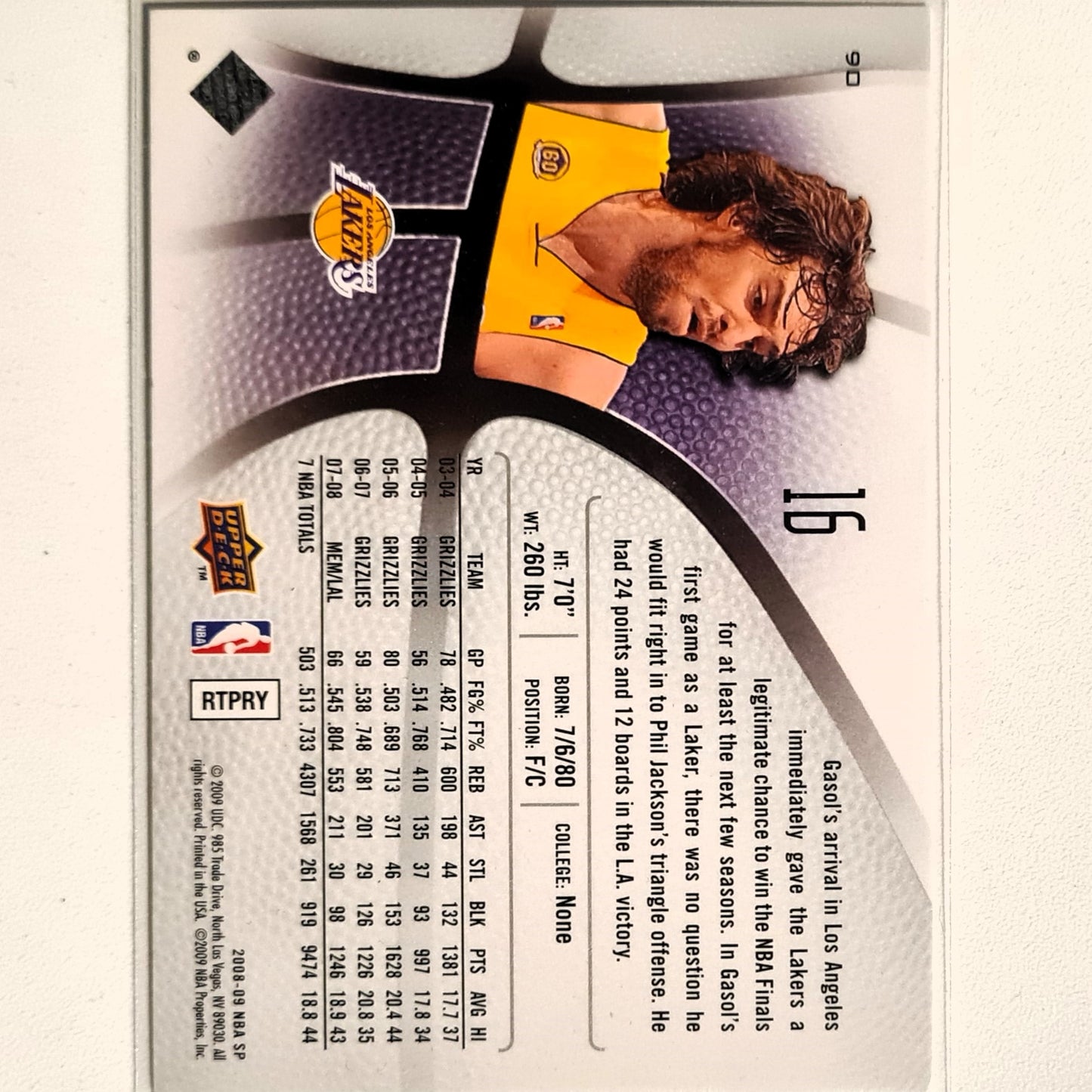 Pau Gasol 2009 Upper-Deck SP #90 NBA Basketball LA Lakers Very Good sleeved