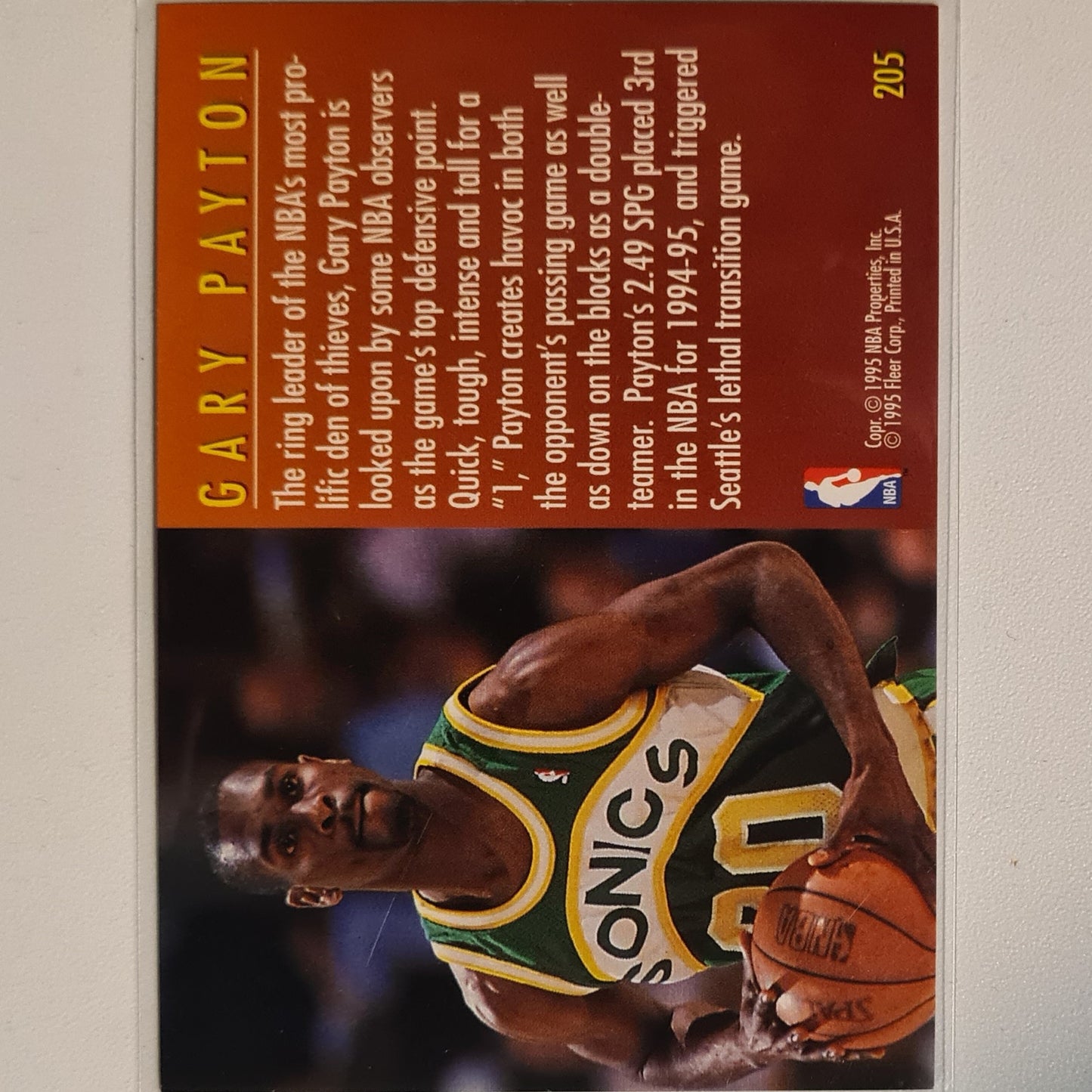 Gary Payton 1995 Fleer 95-96 Total D insert #205 NBA Basketball Seattle Super Sonics Excellent Sleeved