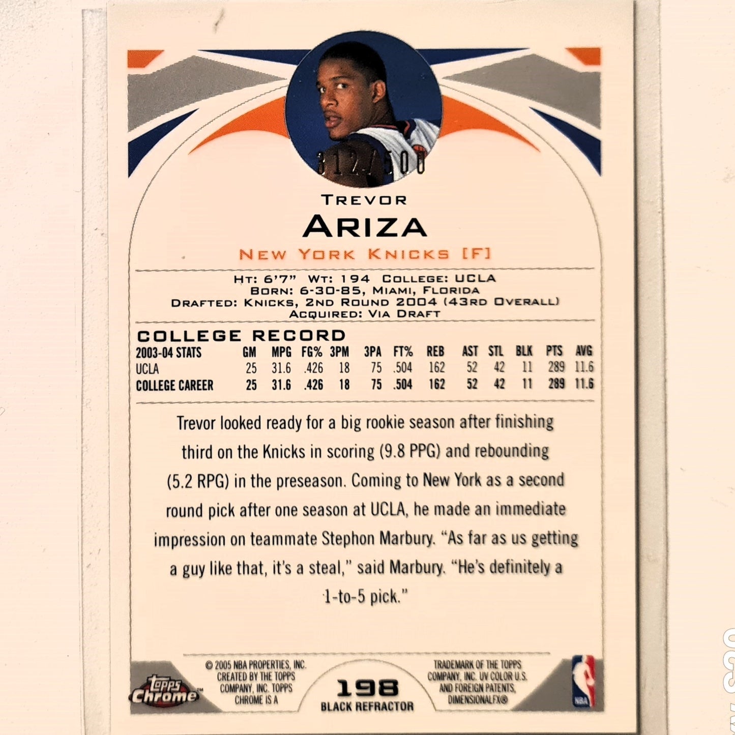 Trevor Ariza 2005 Topps Chrome Rookie RC 312/500 black refractor #198 NBA Basketball New York Knicks Excellent sleeved